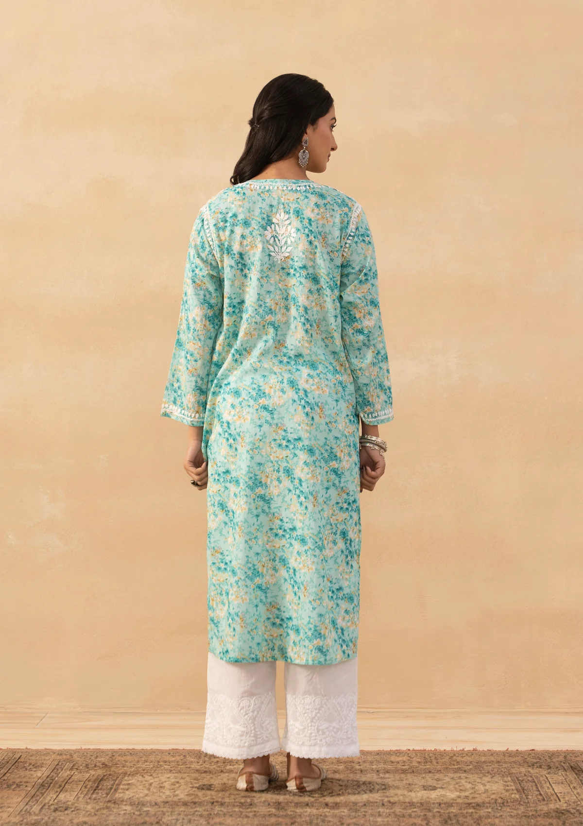 HOC Mulmul Chikankari Printed Women's Long Kurta - Green - Image 6