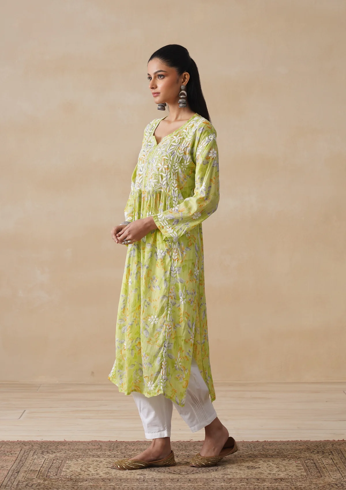 HOC Mulmul Chikankari Printed Women's Long Kurta - Light Green - Image 3