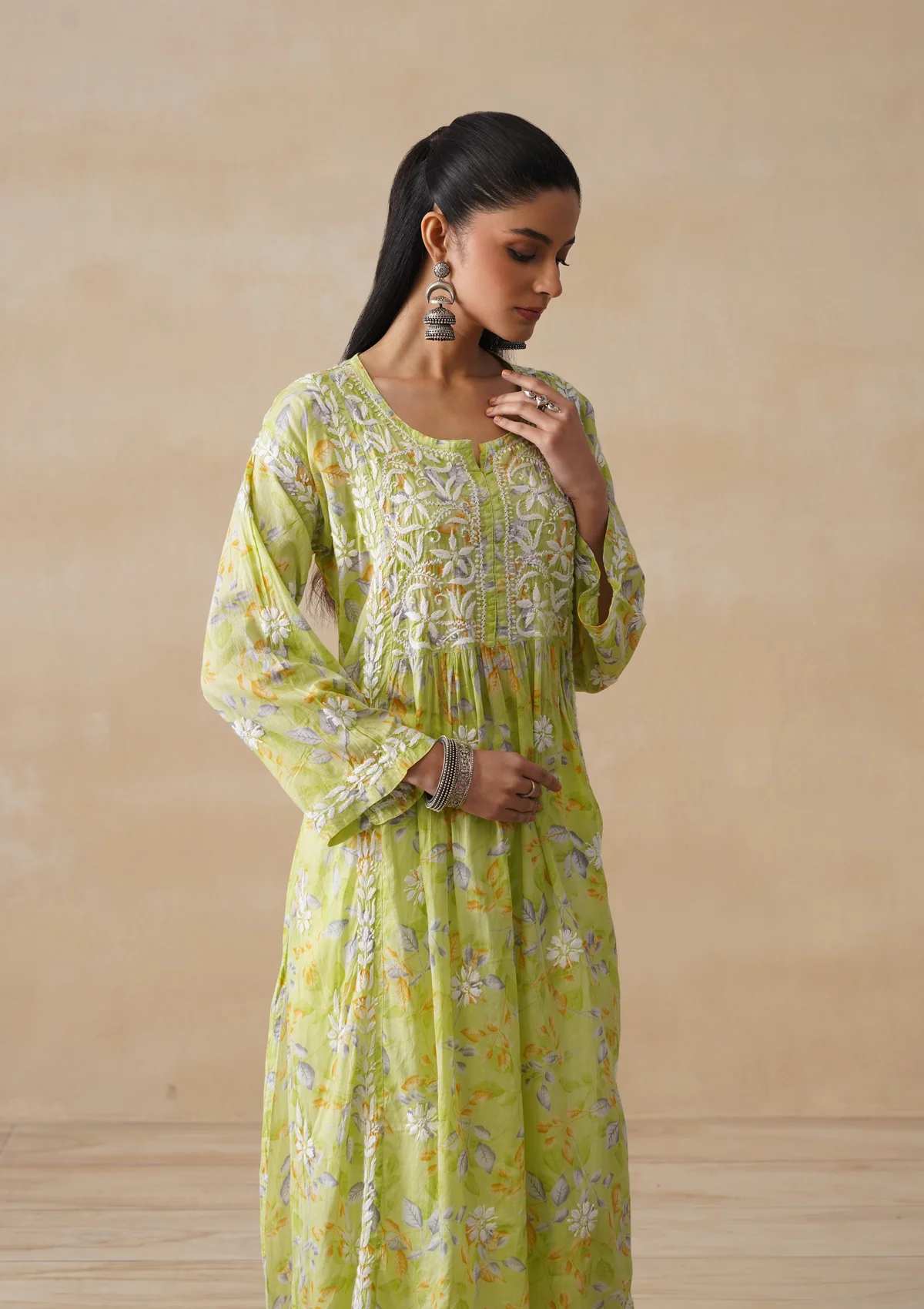 HOC Mulmul Chikankari Printed Women's Long Kurta - Light Green - Image 4