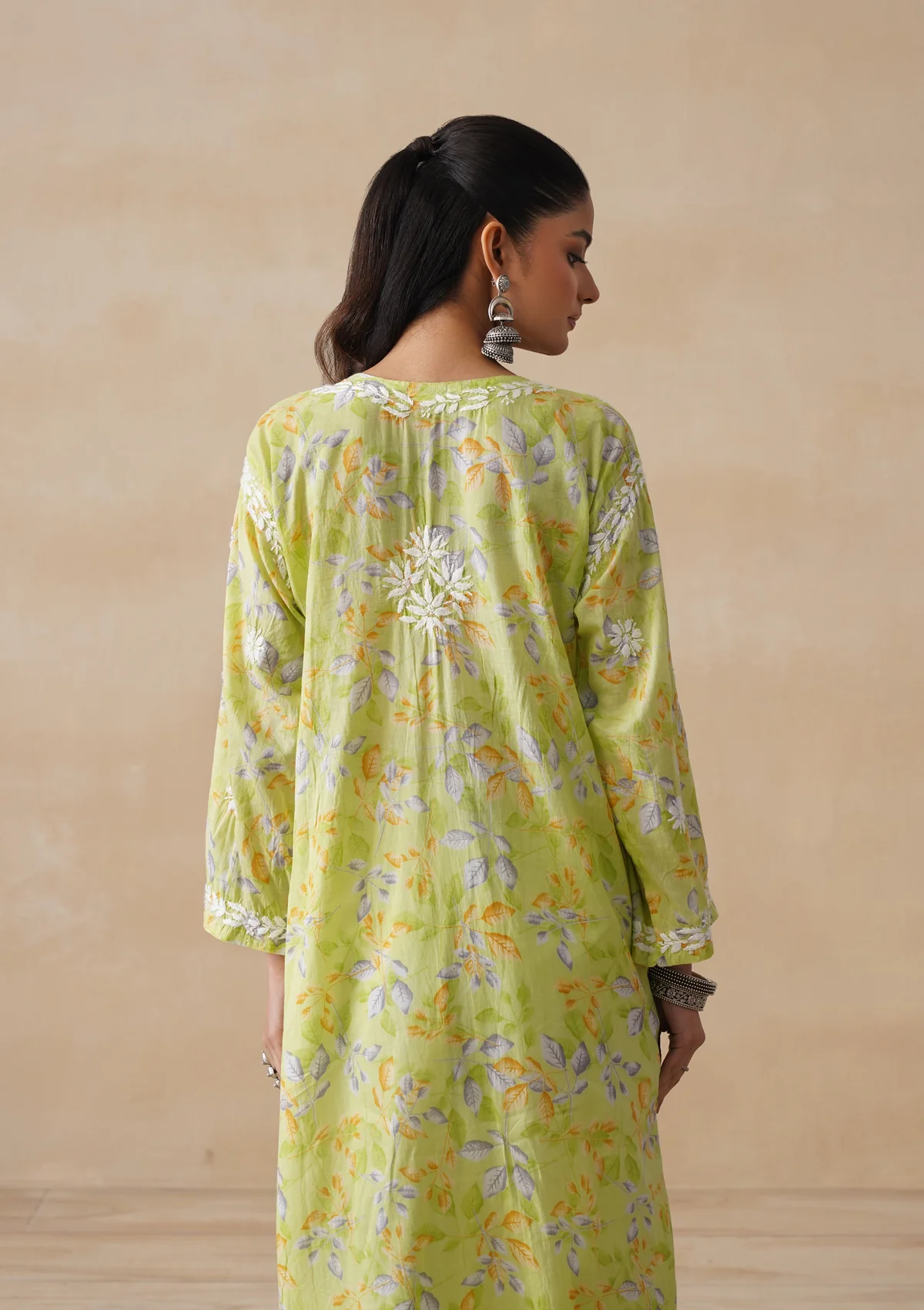 HOC Mulmul Chikankari Printed Women's Long Kurta - Light Green - Image 8
