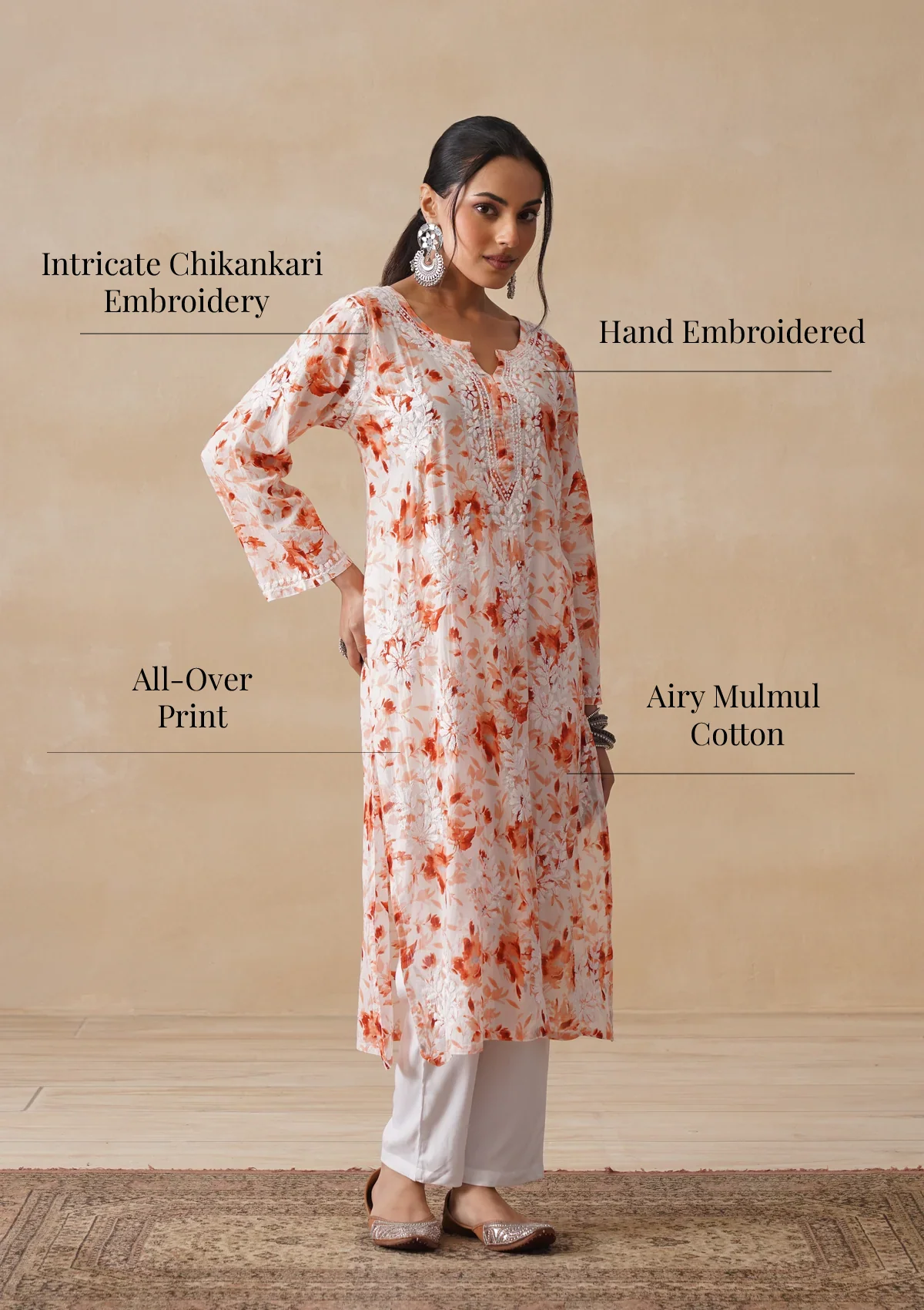 HOC Mulmul Chikankari Printed Women's Long Kurta - Orange - Image 10