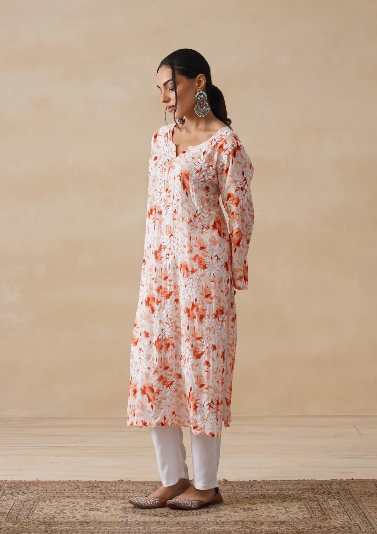 HOC Mulmul Chikankari Printed Women's Long Kurta - Orange - Image 7