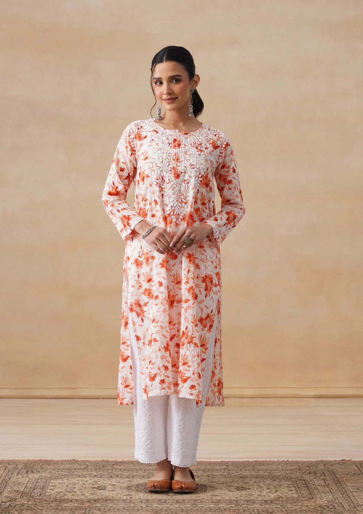 HOC Mulmul Chikankari Printed Women's Long Kurta - Orange