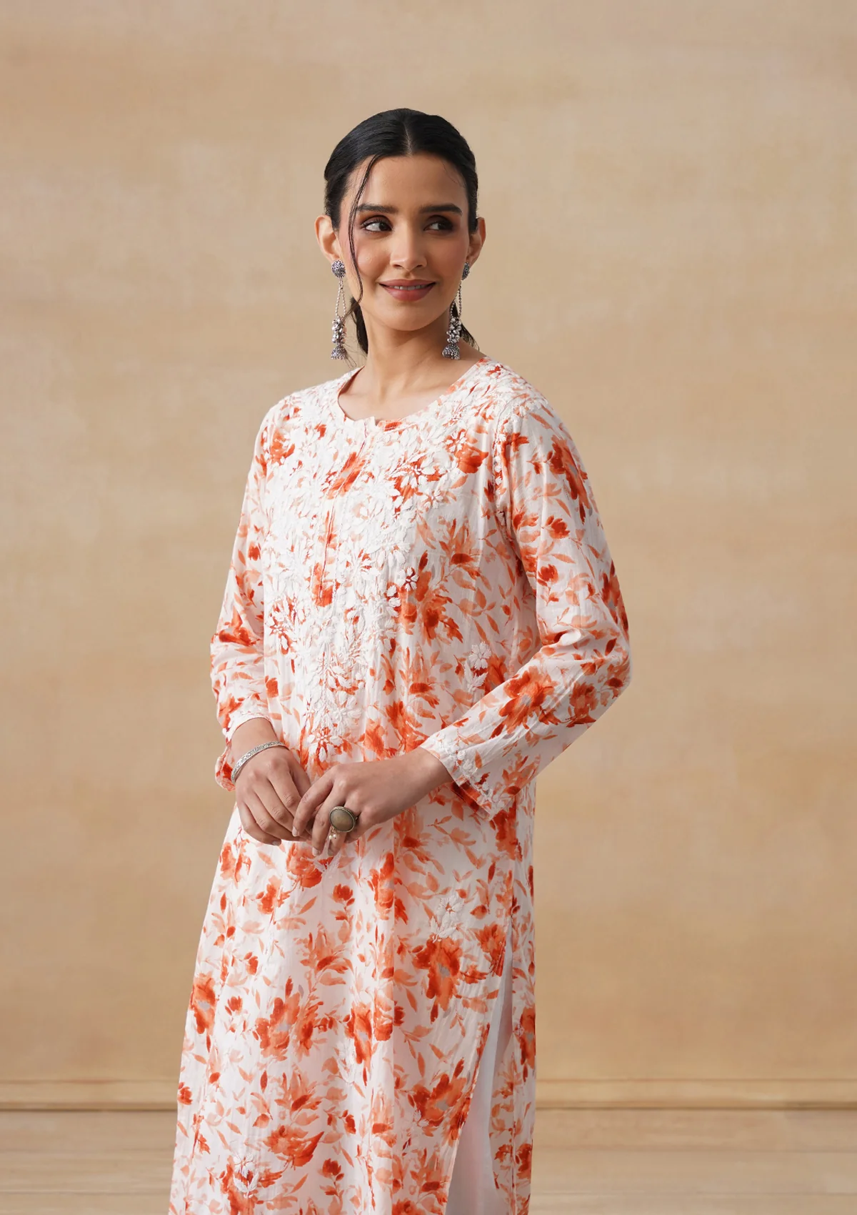 HOC Mulmul Chikankari Printed Women's Long Kurta - Orange - Image 10