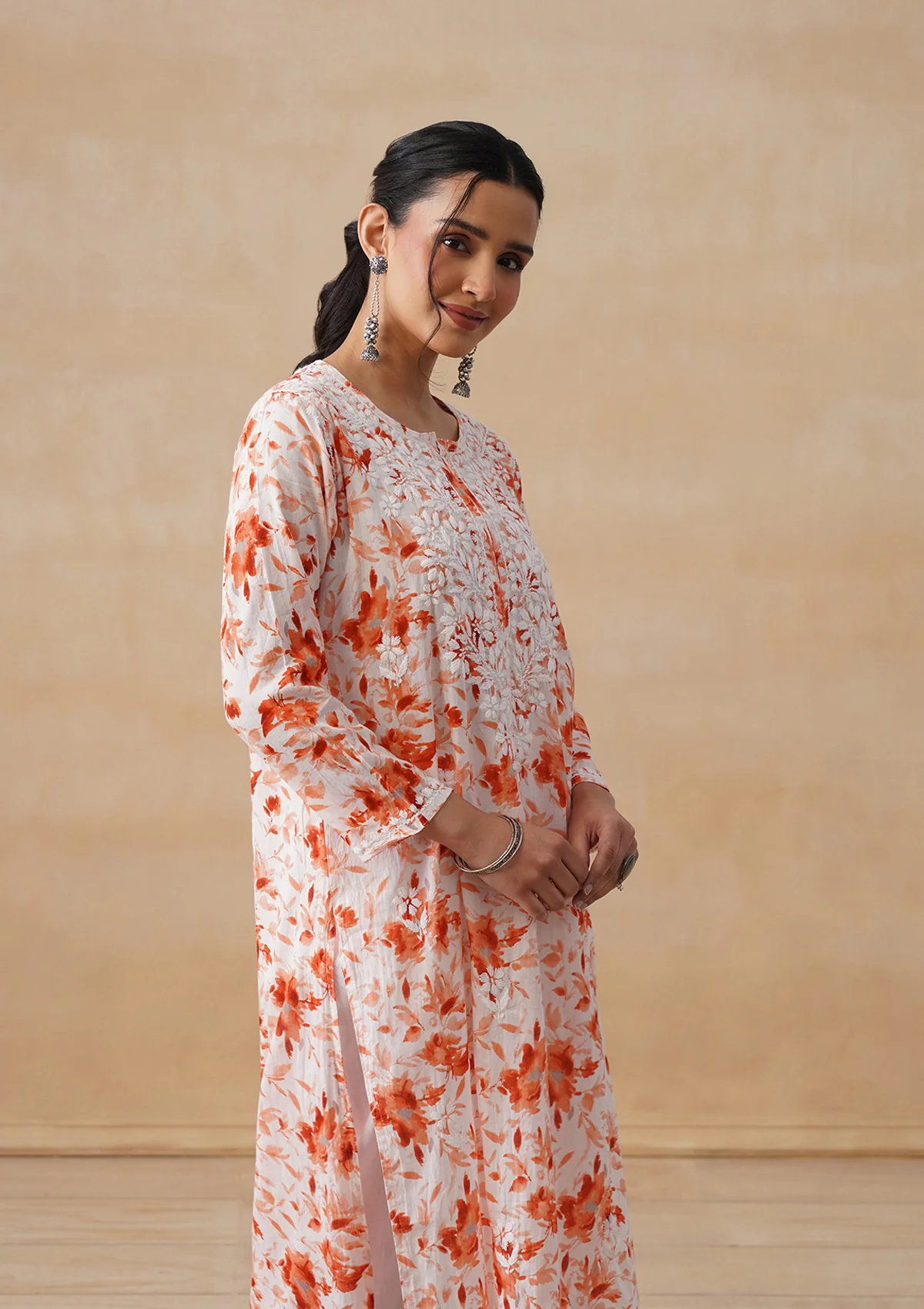 HOC Mulmul Chikankari Printed Women's Long Kurta - Orange - Image 11