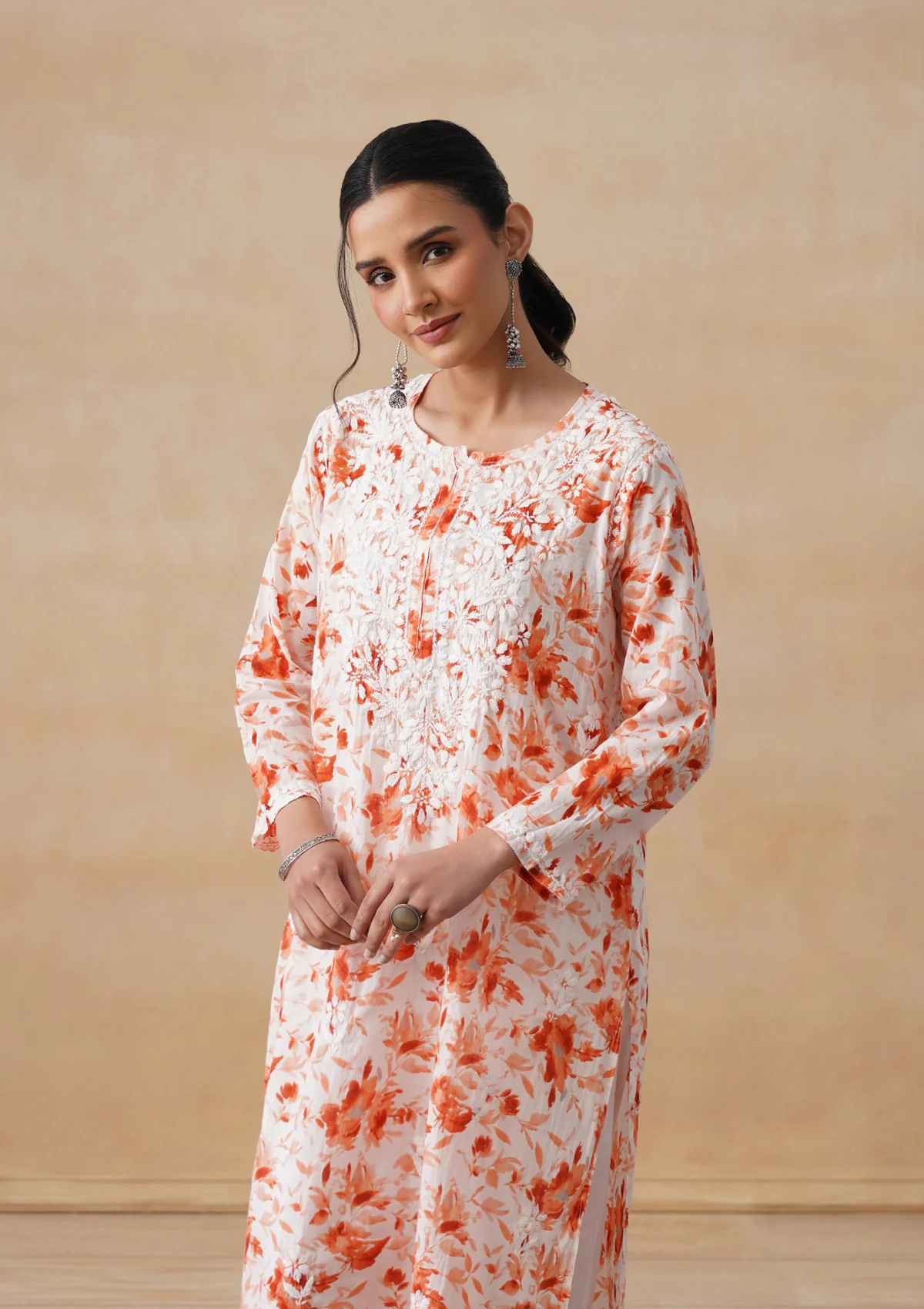HOC Mulmul Chikankari Printed Women's Long Kurta - Orange - Image 2