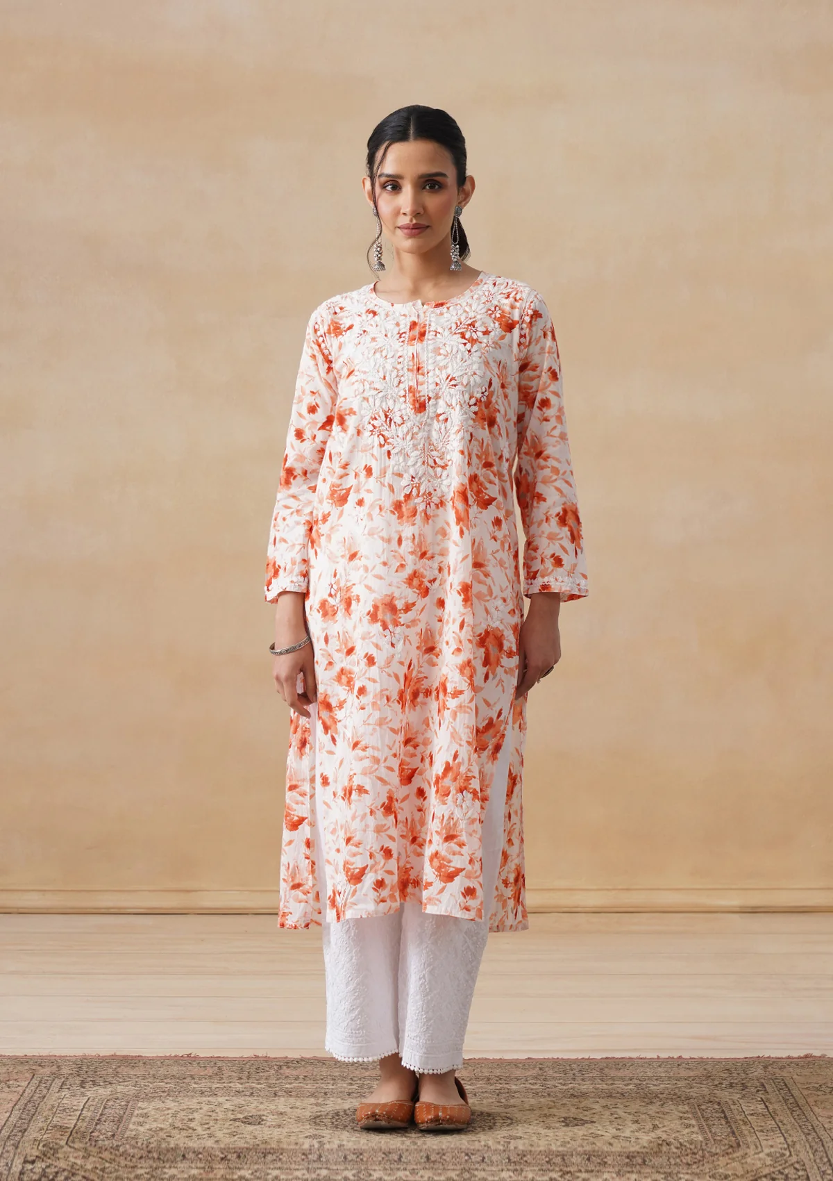 HOC Mulmul Chikankari Printed Women's Long Kurta - Orange - Image 3