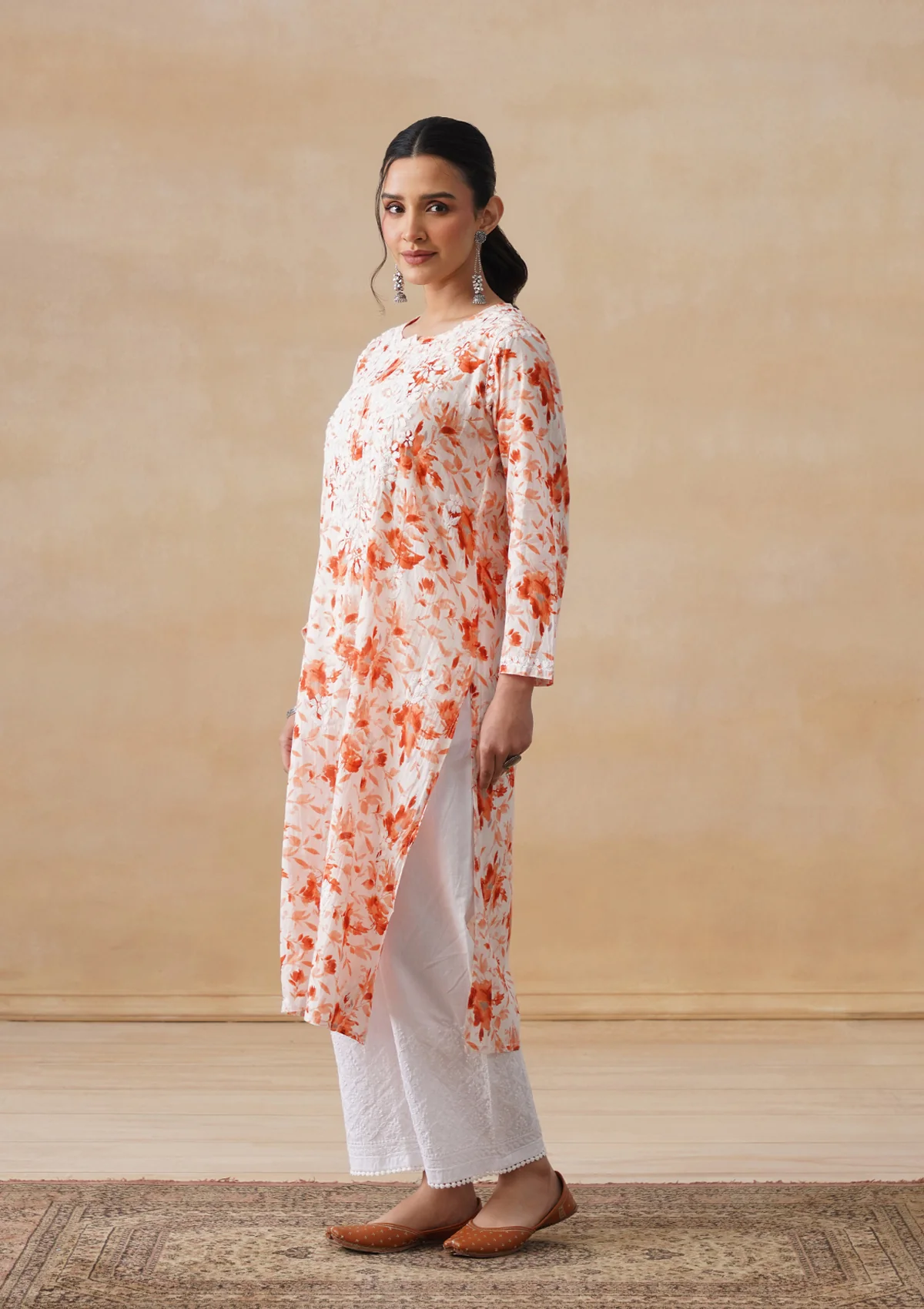 HOC Mulmul Chikankari Printed Women's Long Kurta - Orange - Image 4