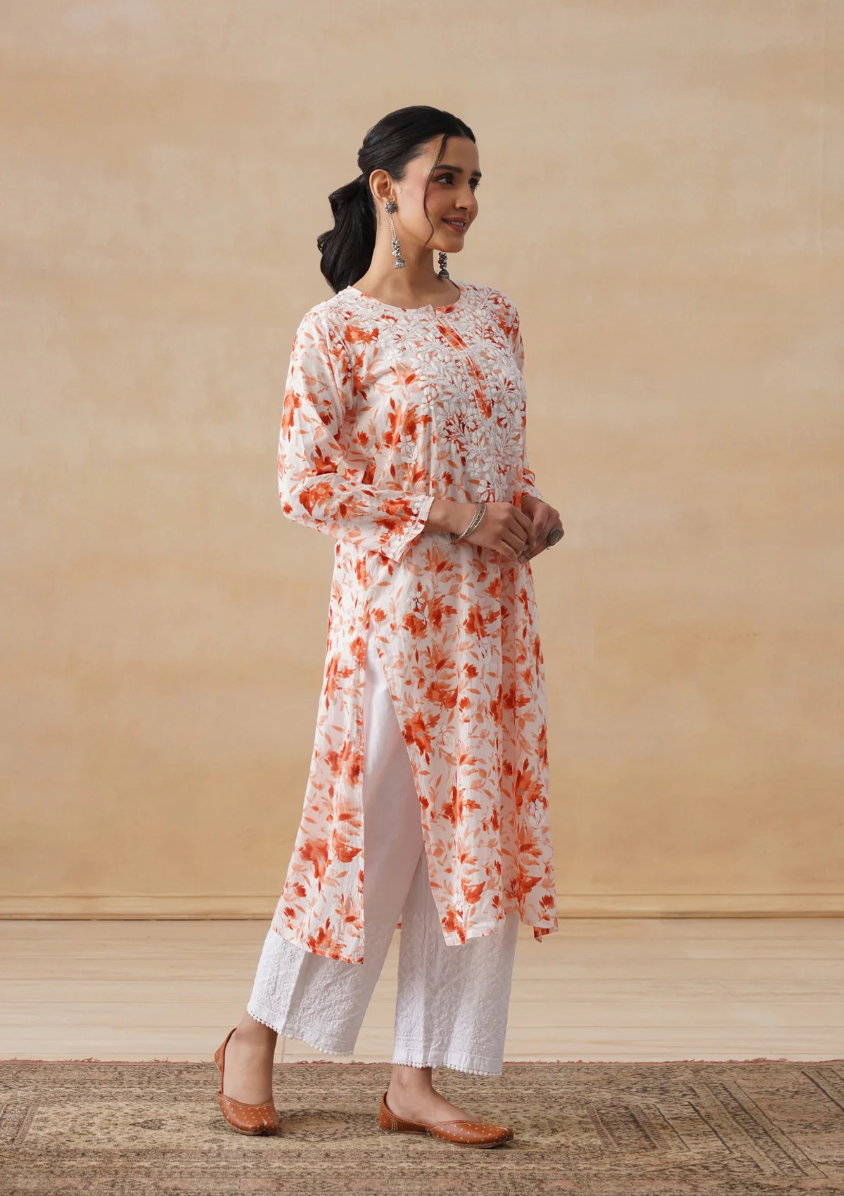 HOC Mulmul Chikankari Printed Women's Long Kurta - Orange - Image 5