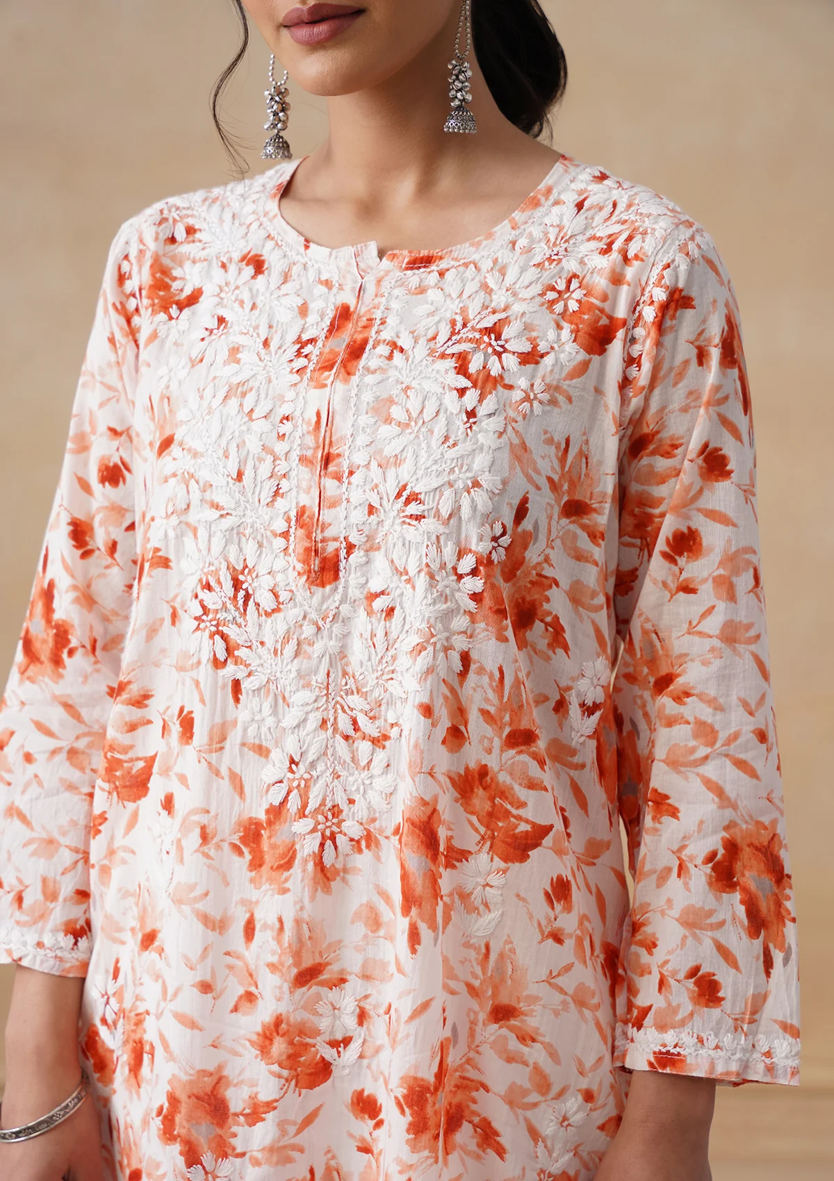 HOC Mulmul Chikankari Printed Women's Long Kurta - Orange - Image 6