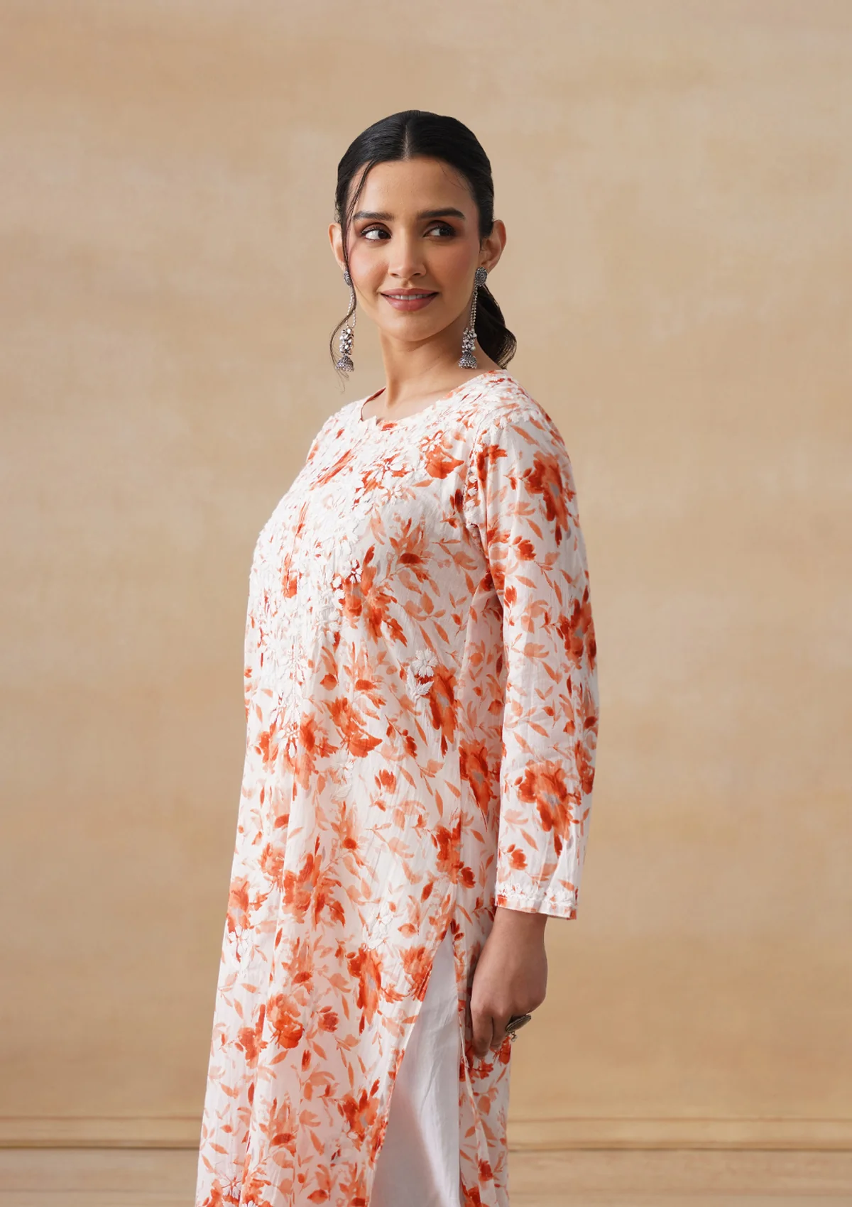 HOC Mulmul Chikankari Printed Women's Long Kurta - Orange - Image 8