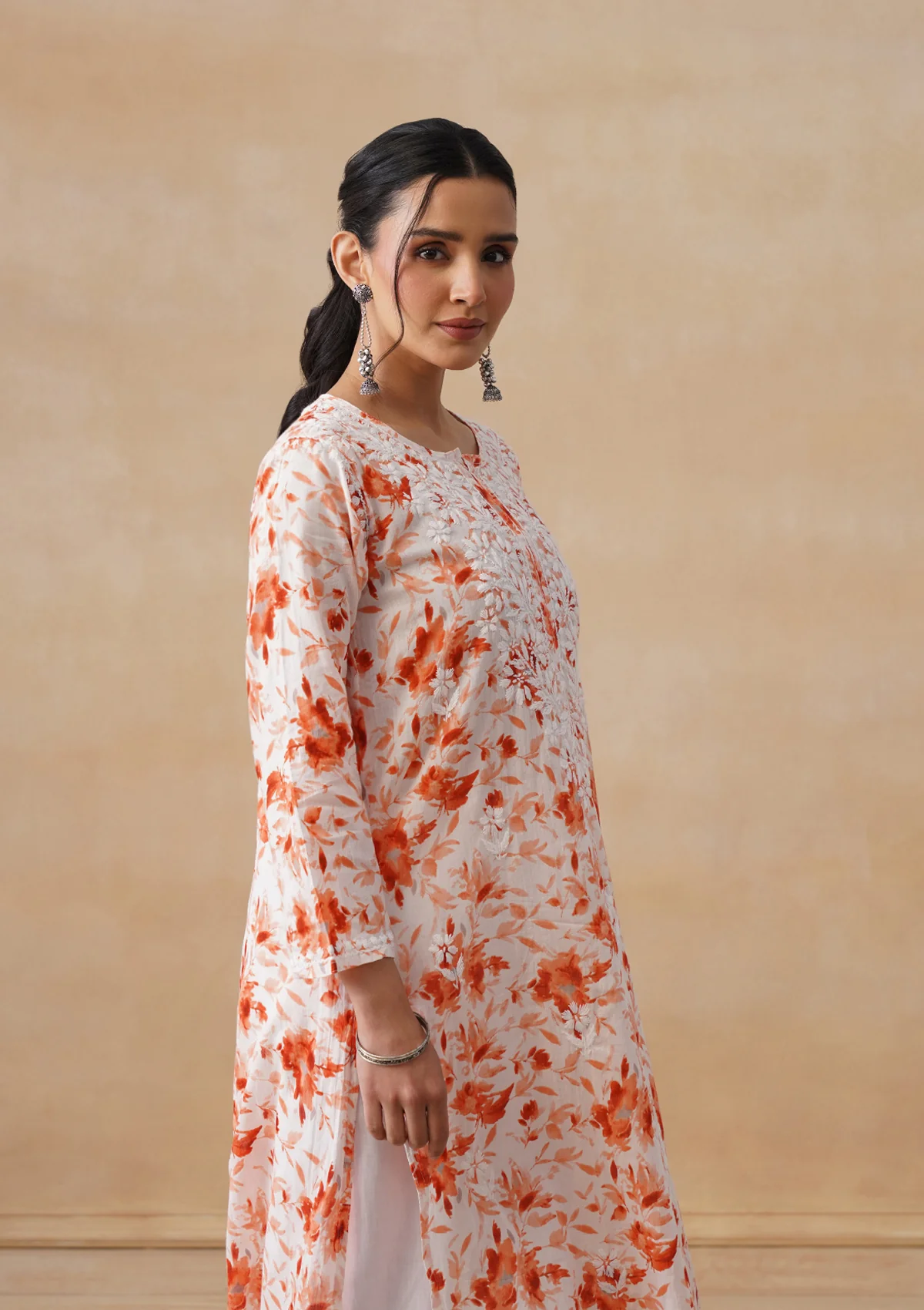 HOC Mulmul Chikankari Printed Women's Long Kurta - Orange - Image 9