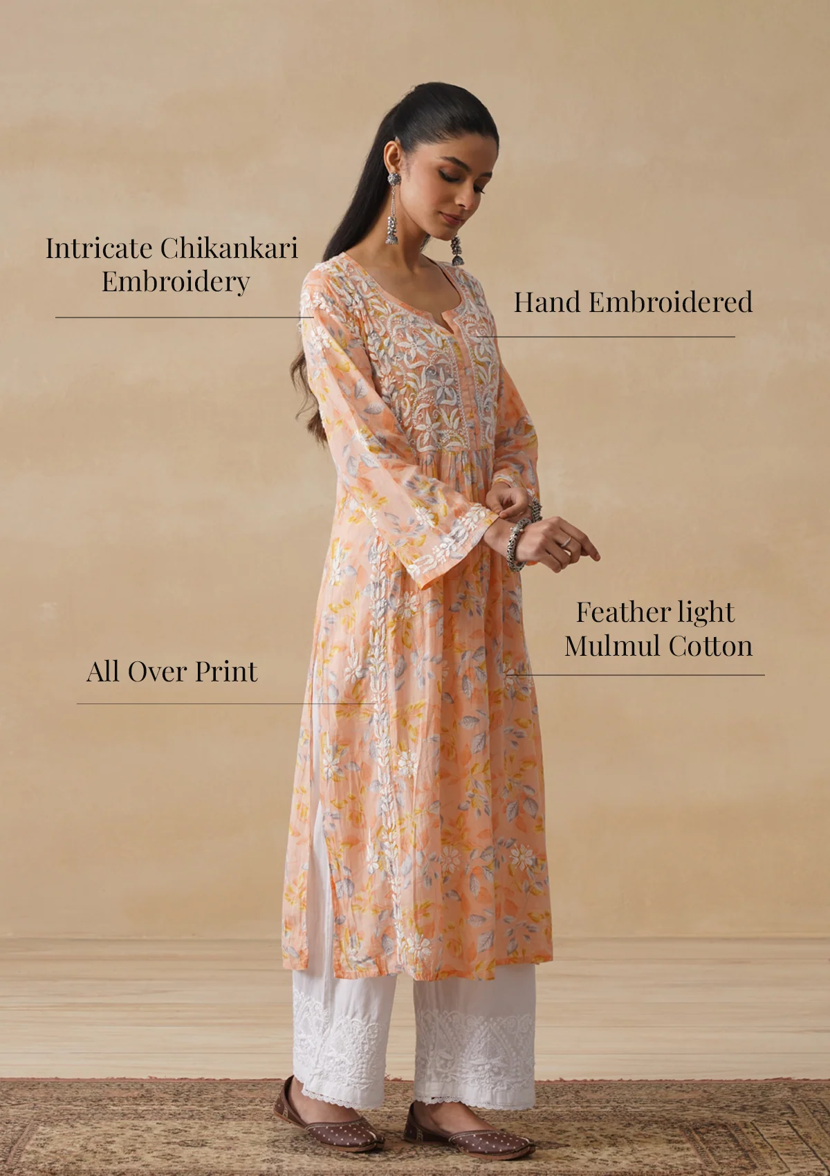 HOC Mulmul Chikankari Printed Women's Long Kurta - Orange - Image 10