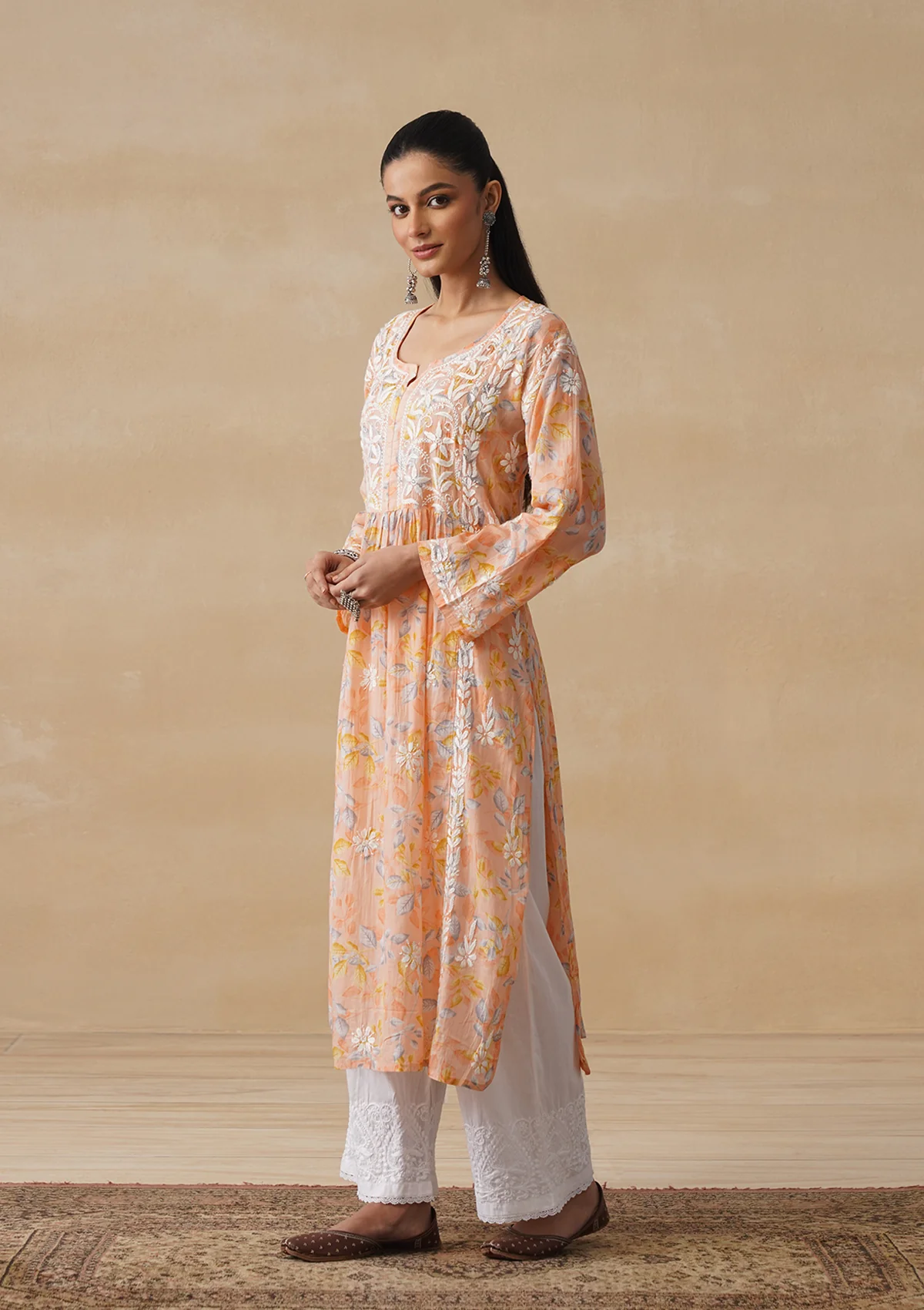 HOC Mulmul Chikankari Printed Women's Long Kurta - Orange - Image 6