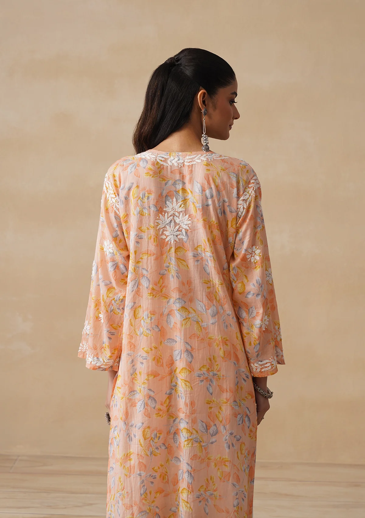 HOC Mulmul Chikankari Printed Women's Long Kurta - Orange - Image 8