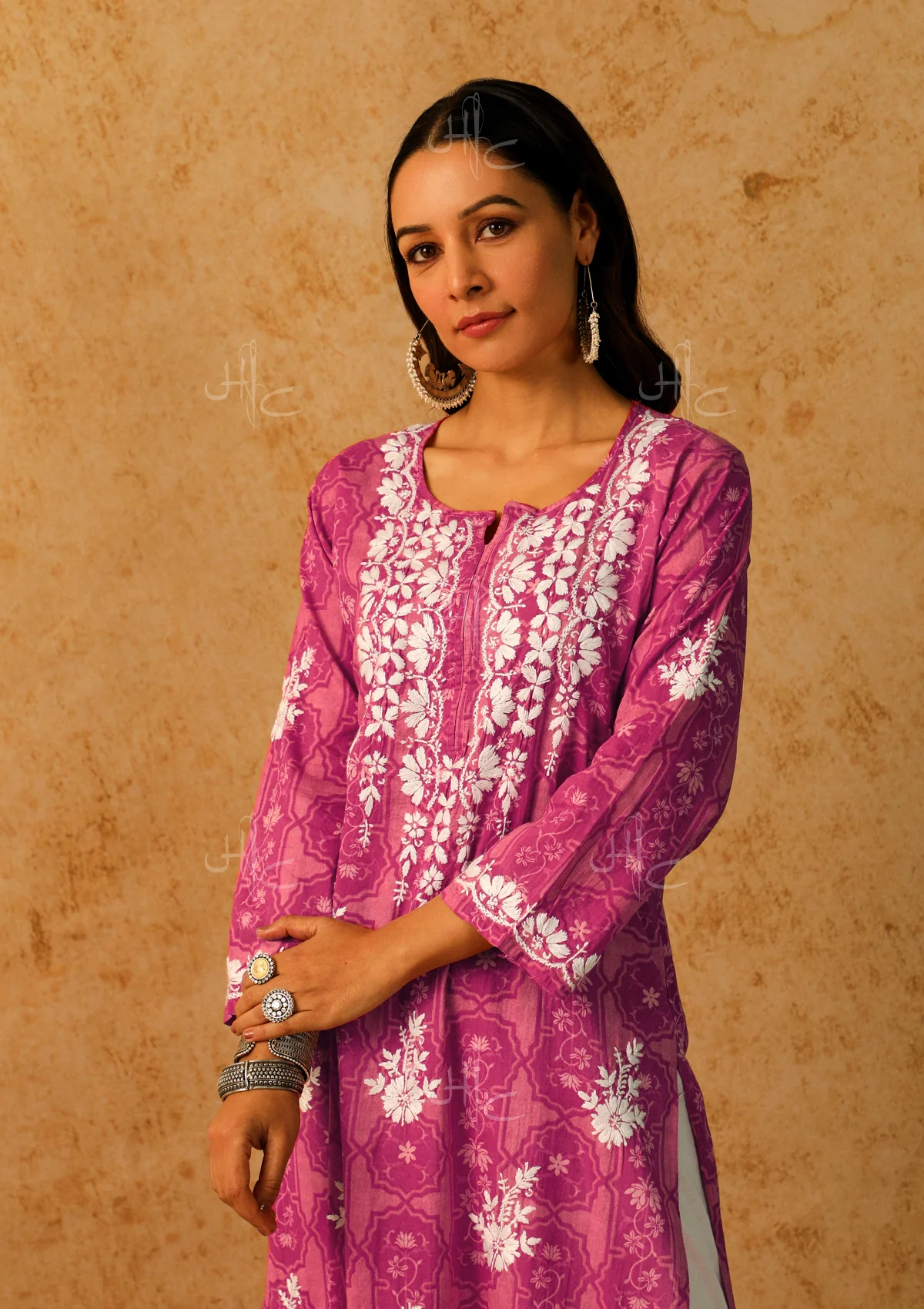 HOC Mulmul Chikankari Printed Women's Long Kurta - Pink - Image 4