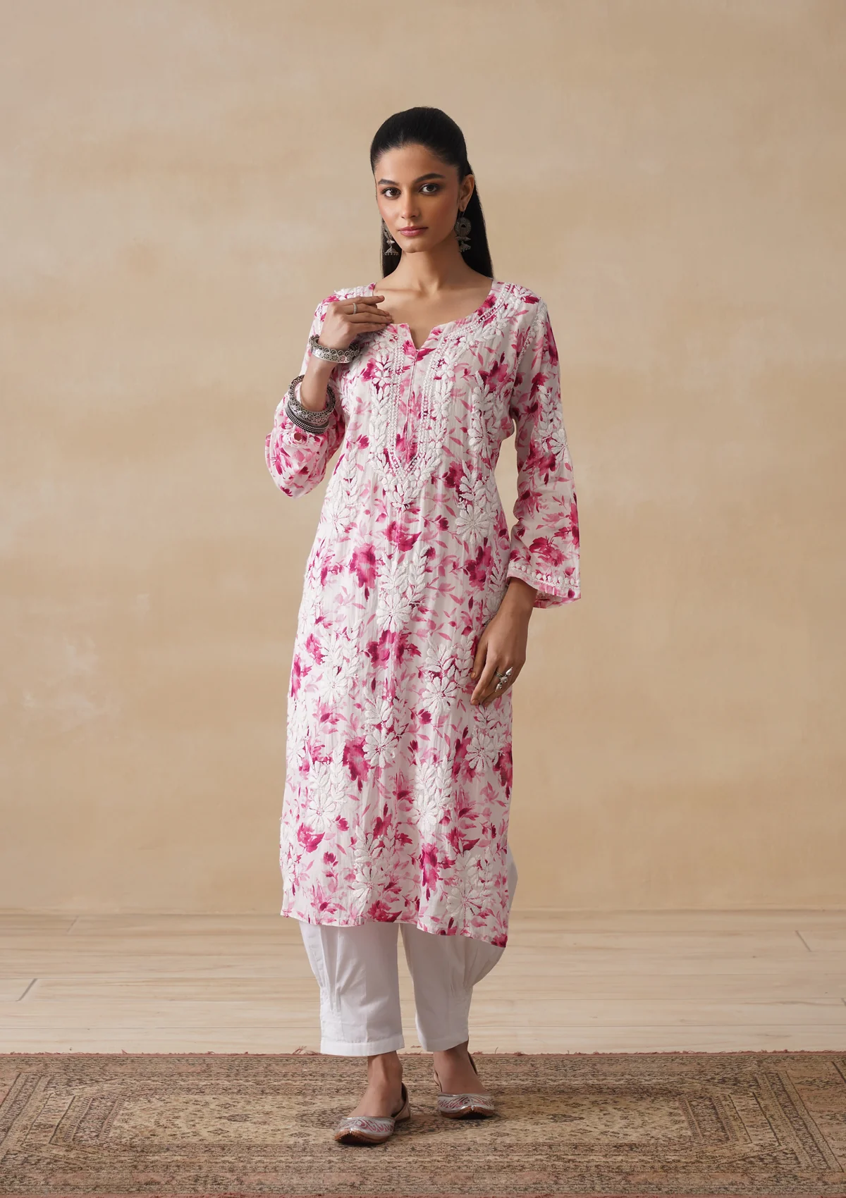 HOC Mulmul Chikankari Printed Women's Long Kurta - Pink