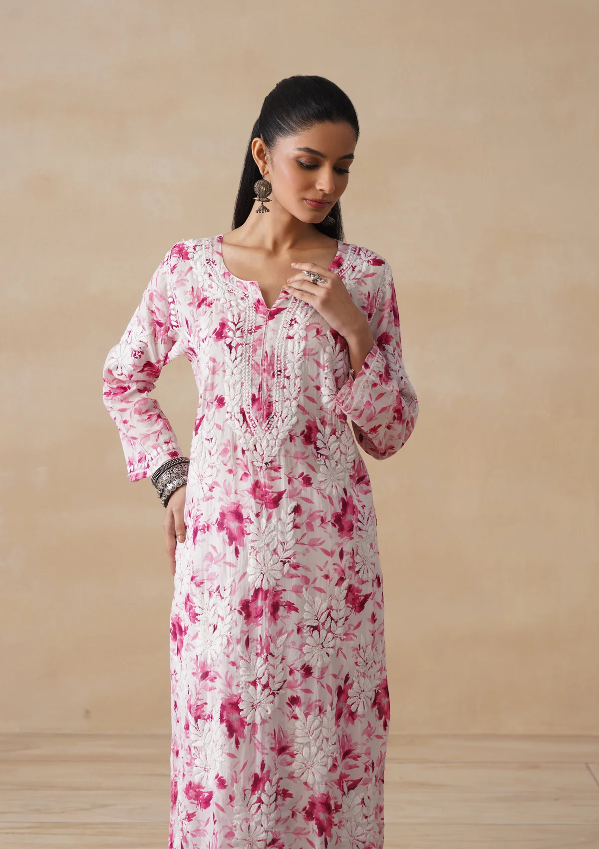 HOC Mulmul Chikankari Printed Women's Long Kurta - Pink - Image 2