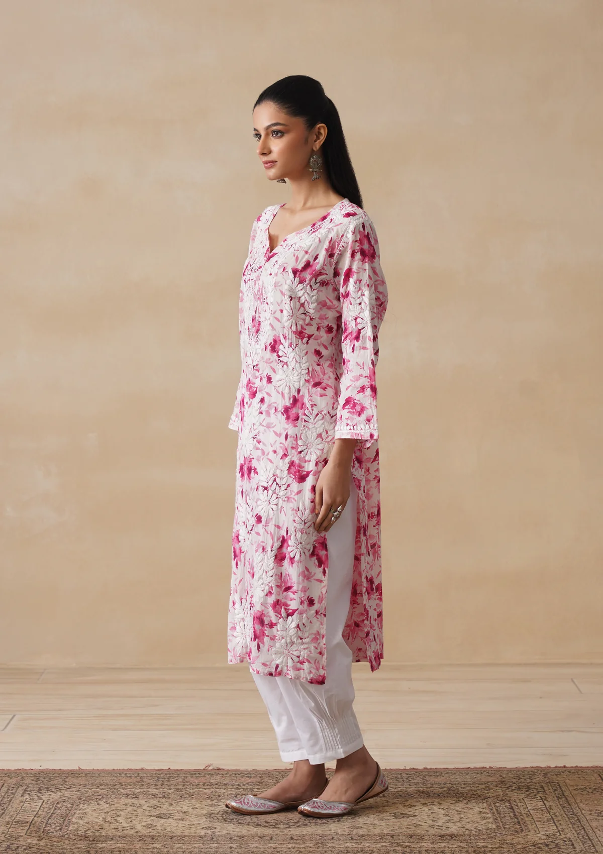 HOC Mulmul Chikankari Printed Women's Long Kurta - Pink - Image 3