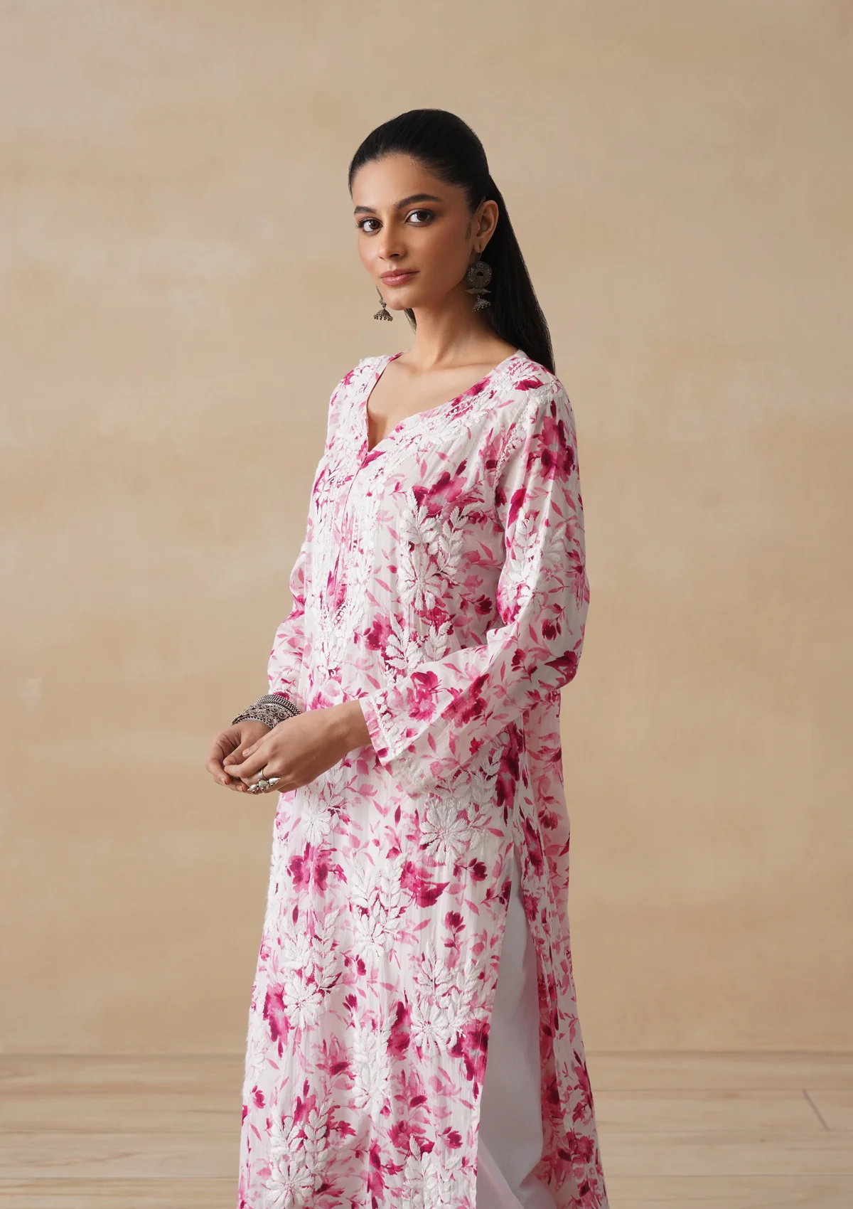 HOC Mulmul Chikankari Printed Women's Long Kurta - Pink - Image 6
