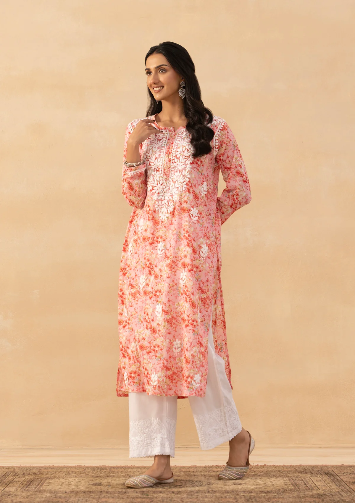 HOC Mulmul Chikankari Printed Women's Long Kurta - Pink - Image 3