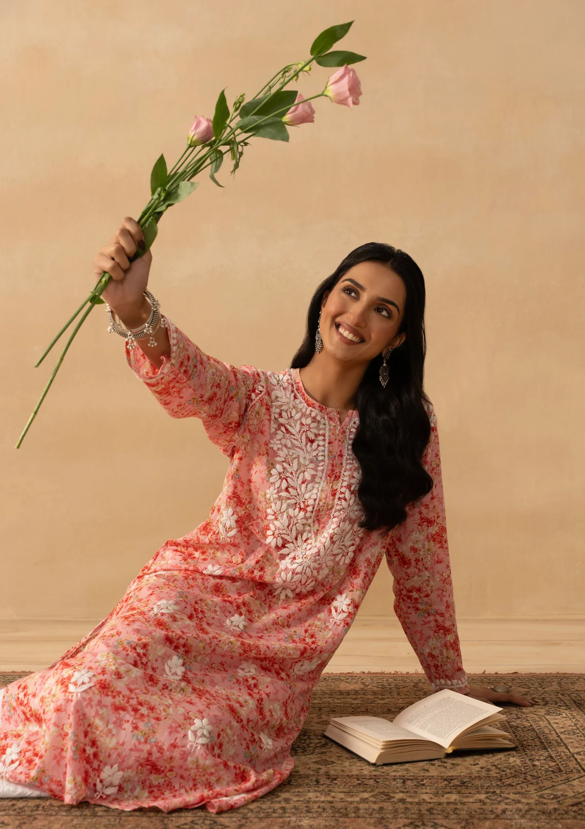 HOC Mulmul Chikankari Printed Women's Long Kurta - Pink - Image 4