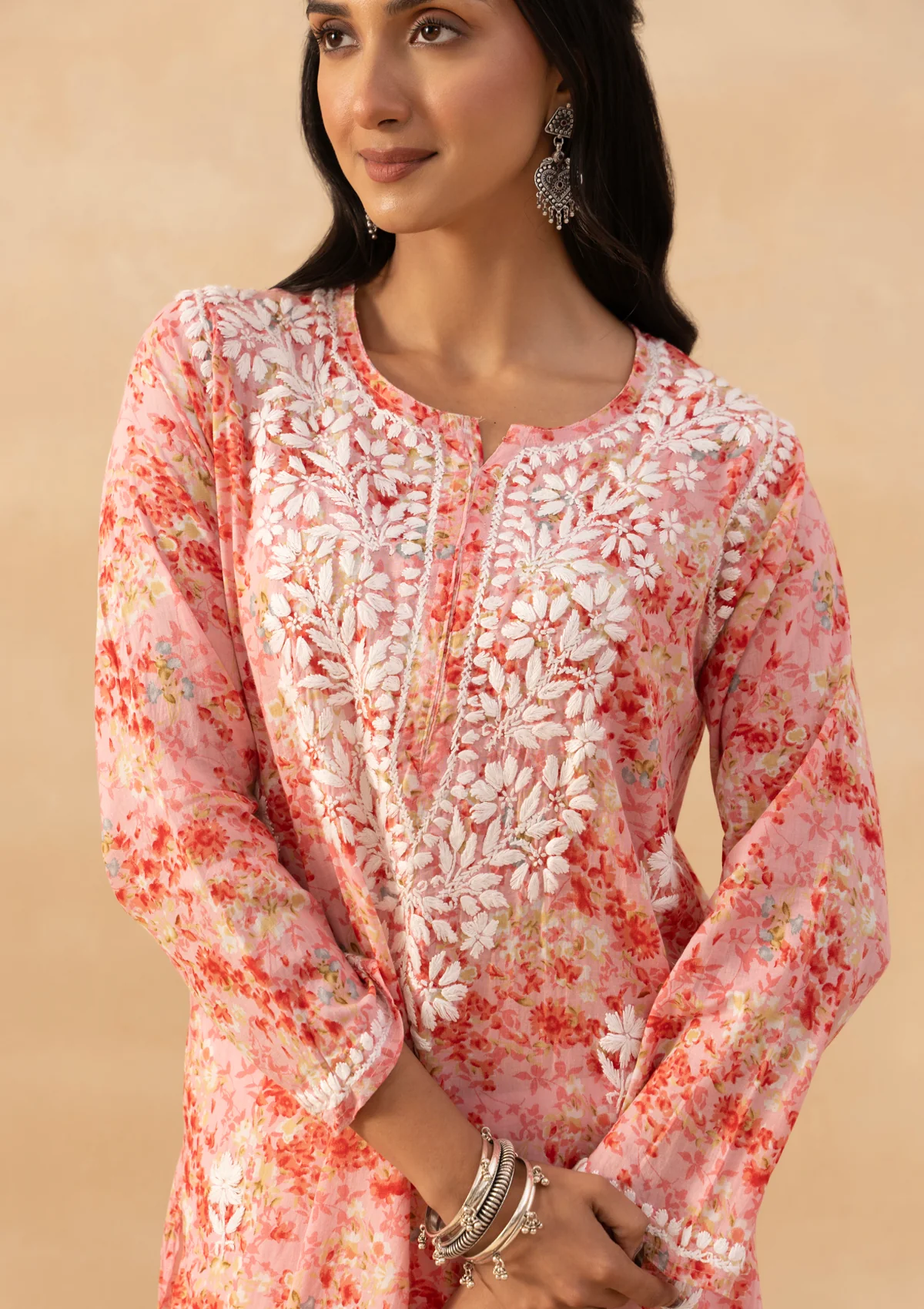 HOC Mulmul Chikankari Printed Women's Long Kurta - Pink - Image 7
