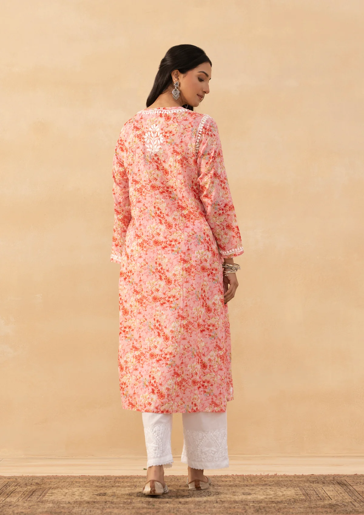 HOC Mulmul Chikankari Printed Women's Long Kurta - Pink - Image 9
