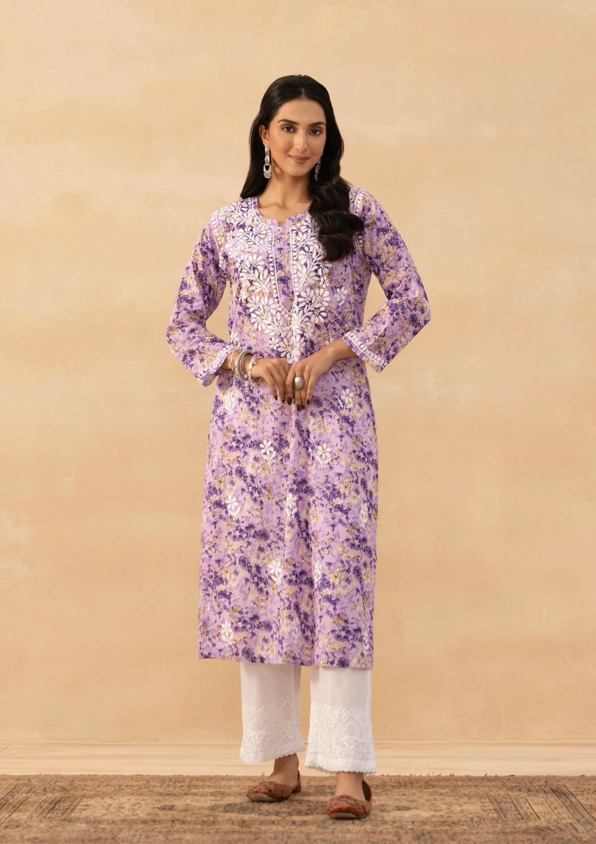 HOC Mulmul Chikankari Printed Women's Long Kurta - Purple - Image 3