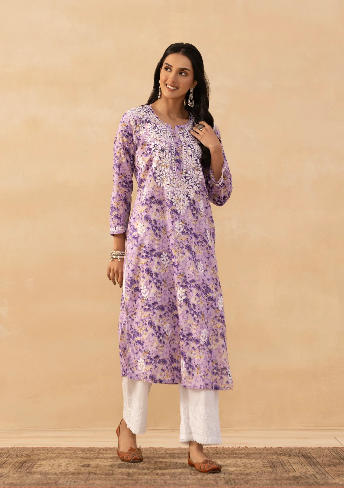 HOC Mulmul Chikankari Printed Women's Long Kurta - Purple - Image 5