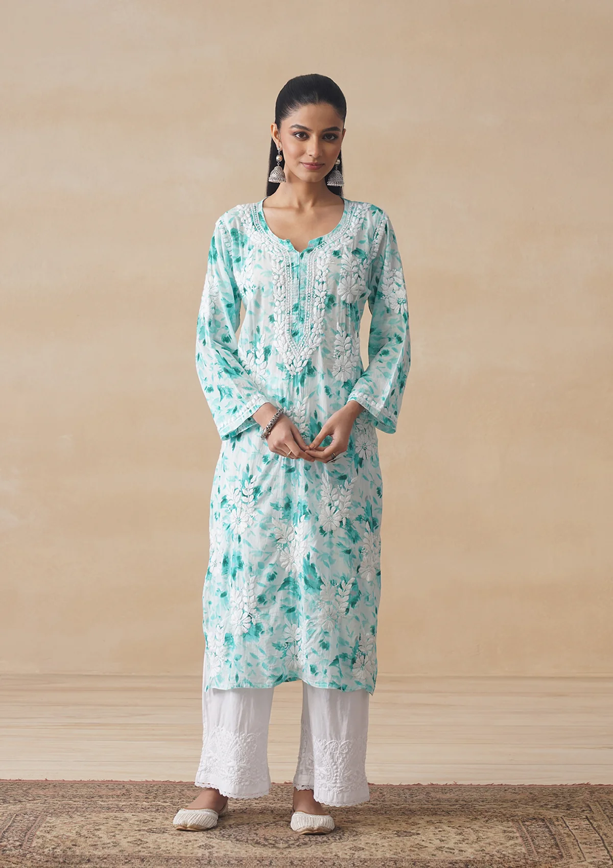 HOC Mulmul Chikankari Printed Women's Long Kurta - Sea Green