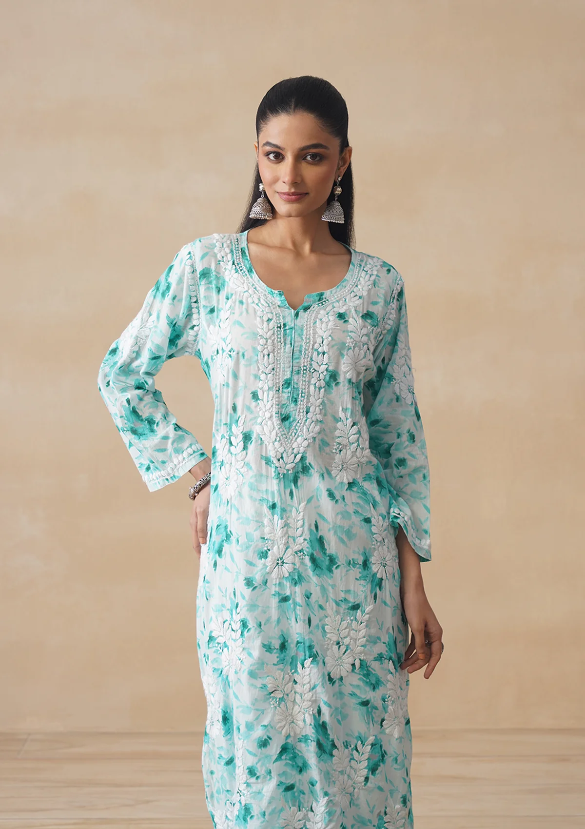 HOC Mulmul Chikankari Printed Women's Long Kurta - Sea Green - Image 2