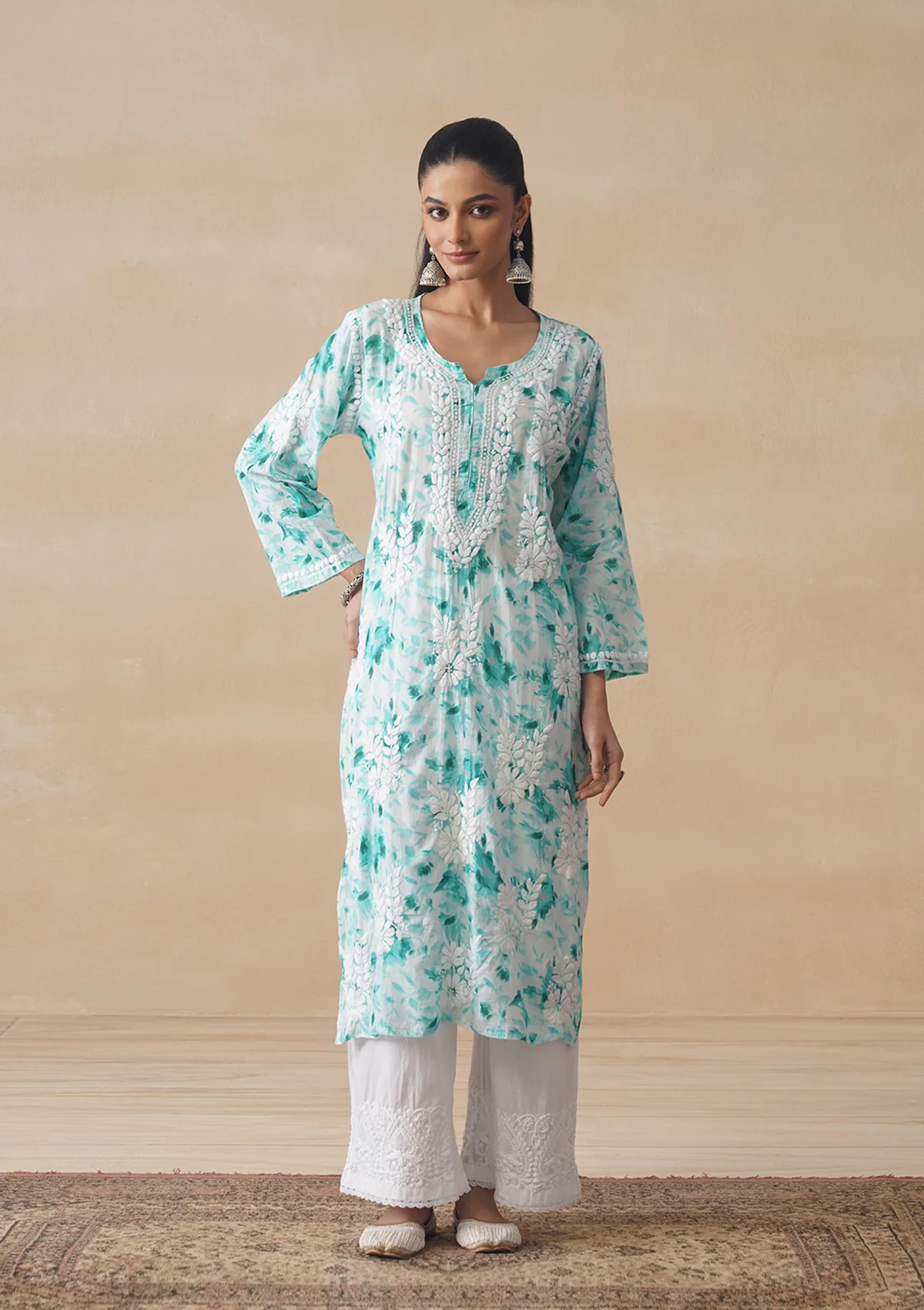 HOC Mulmul Chikankari Printed Women's Long Kurta - Sea Green - Image 3