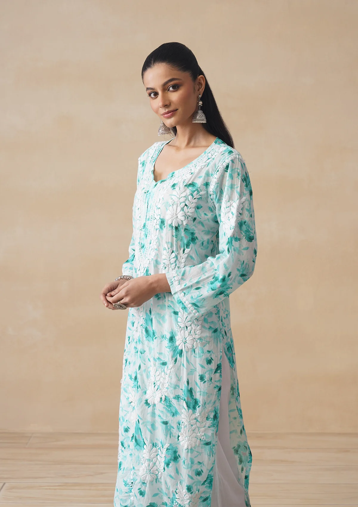 HOC Mulmul Chikankari Printed Women's Long Kurta - Sea Green - Image 4