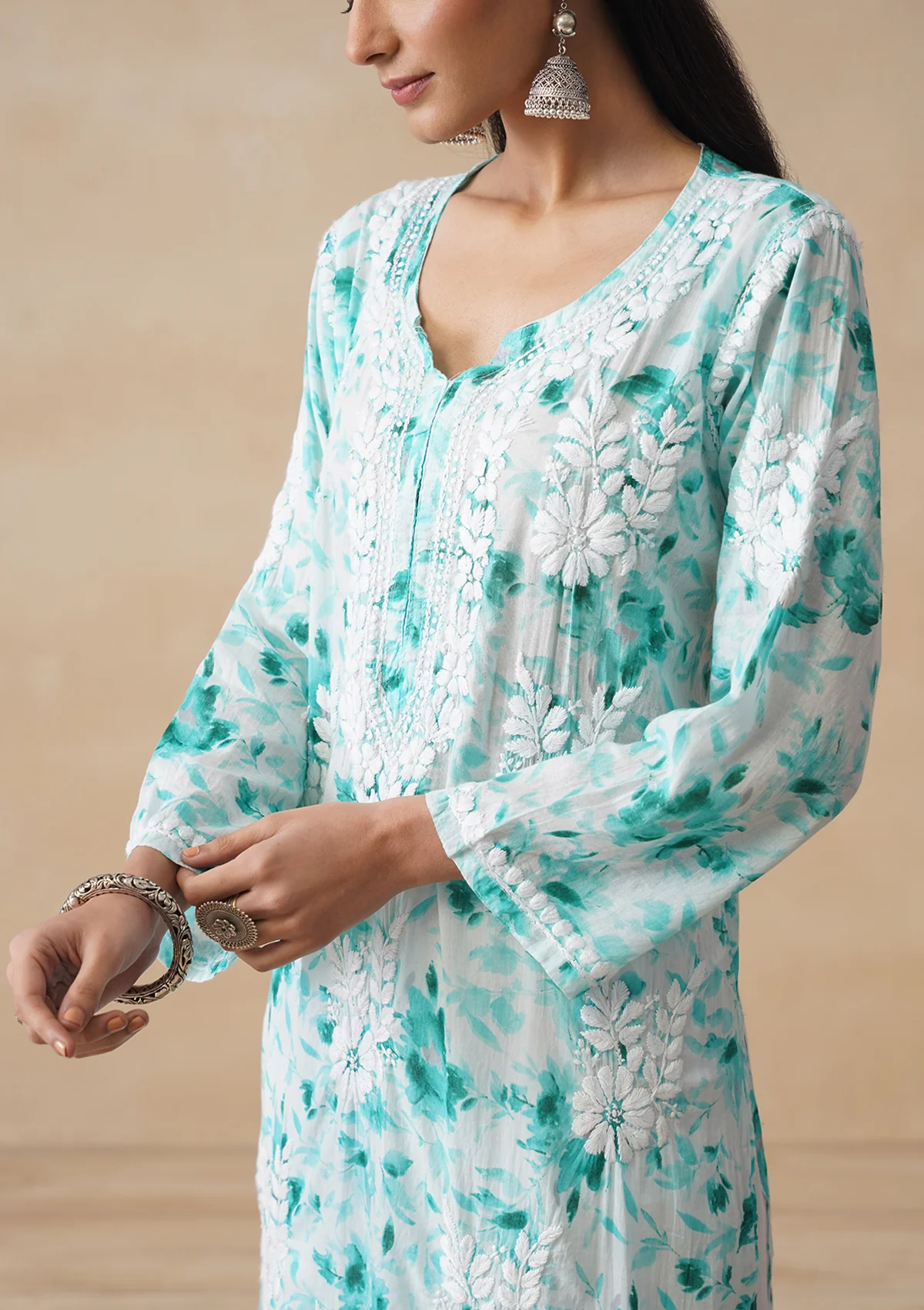 HOC Mulmul Chikankari Printed Women's Long Kurta - Sea Green - Image 5