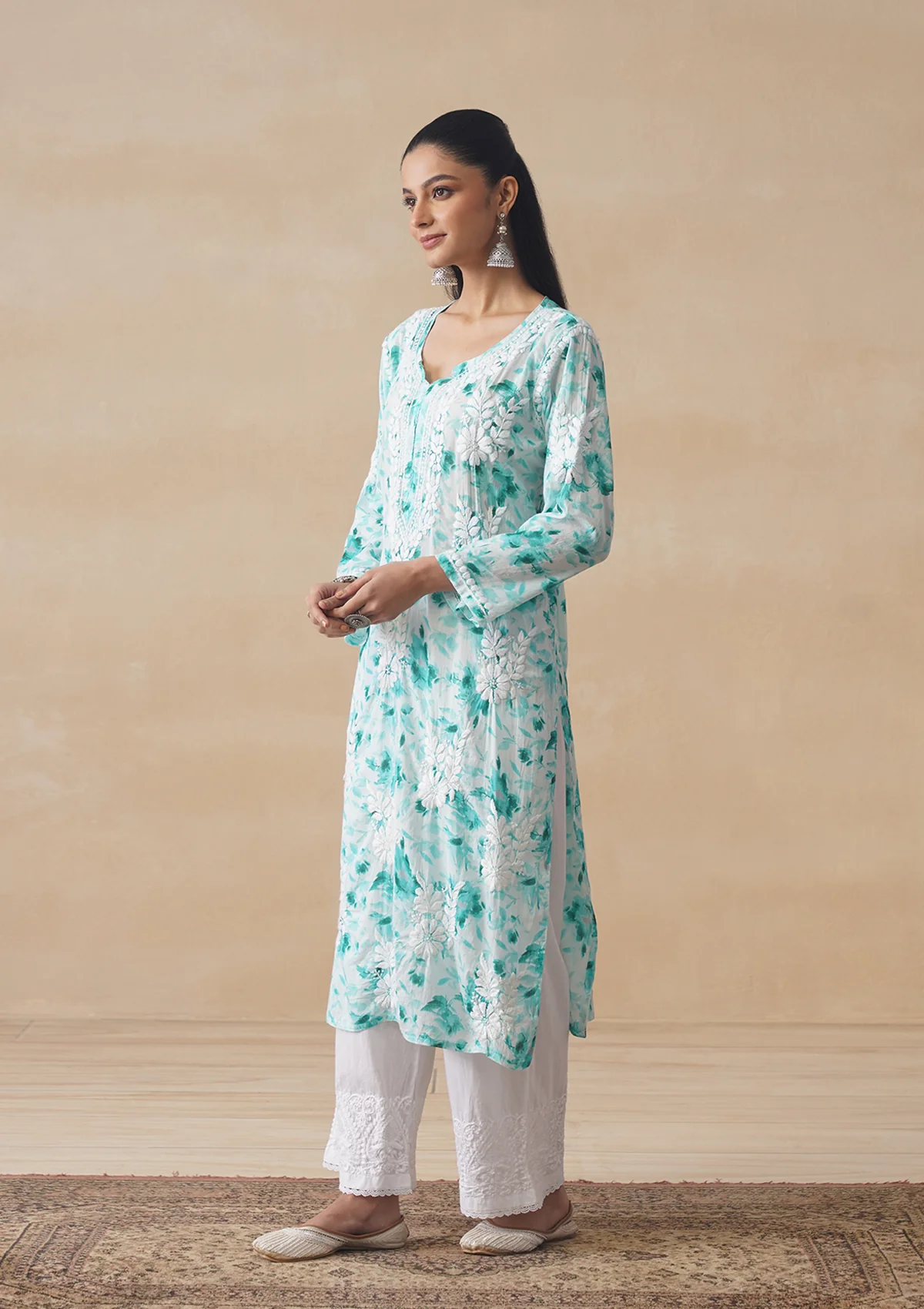HOC Mulmul Chikankari Printed Women's Long Kurta - Sea Green - Image 6