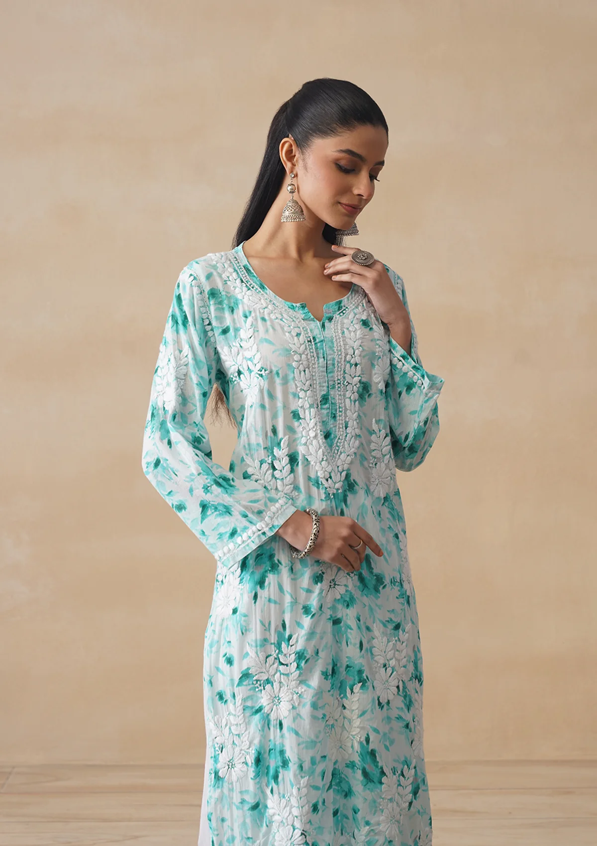 HOC Mulmul Chikankari Printed Women's Long Kurta - Sea Green - Image 8