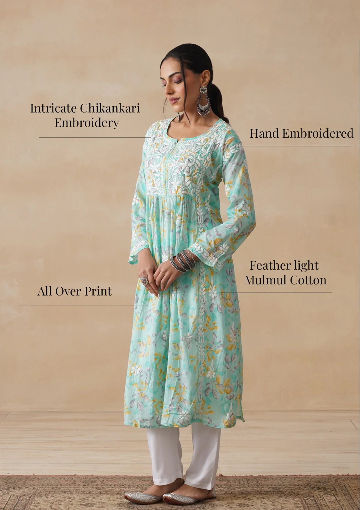 HOC Mulmul Chikankari Printed Women's Long Kurta - Sea Green - Image 10