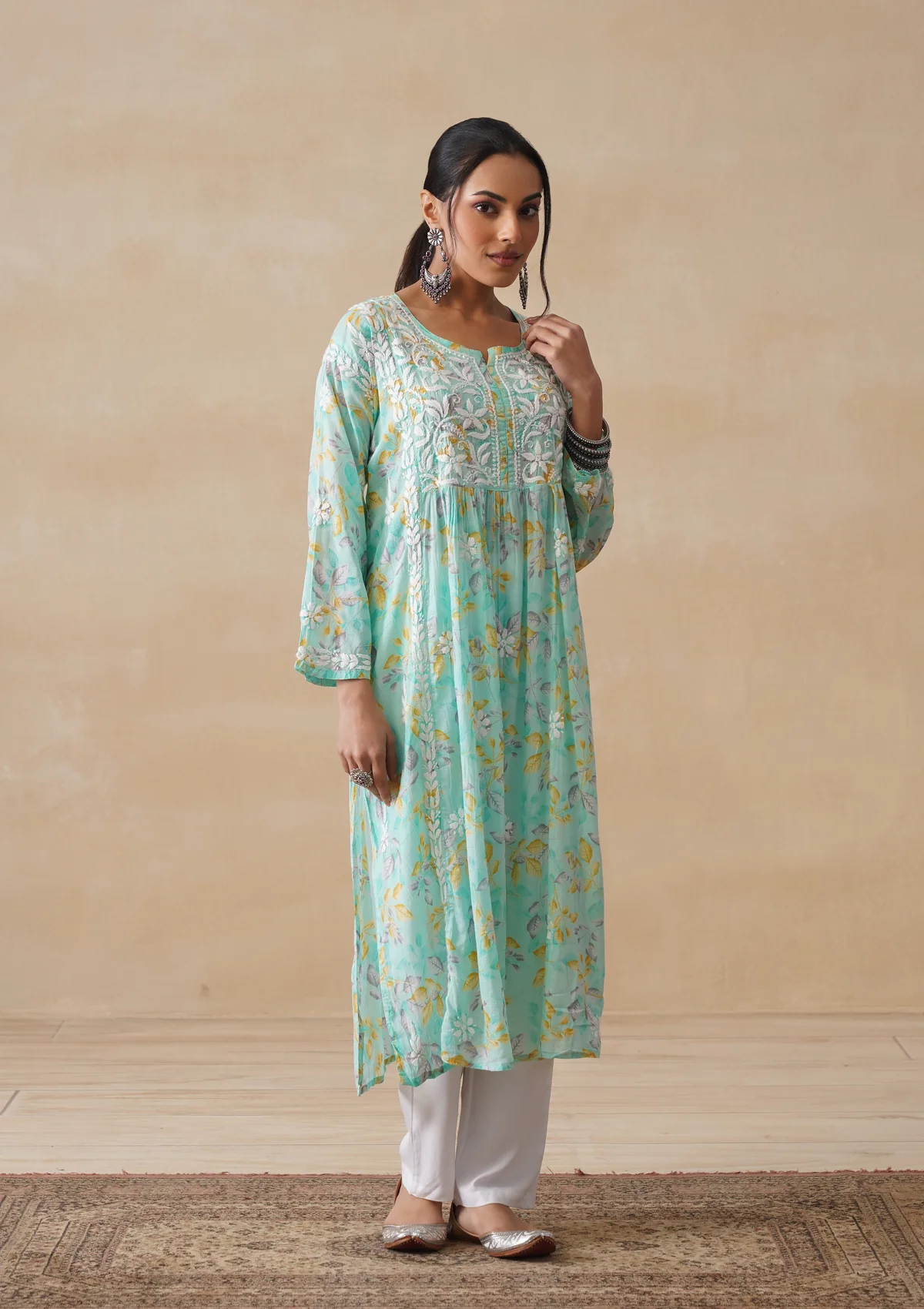 HOC Mulmul Chikankari Printed Women's Long Kurta - Sea Green - Image 7