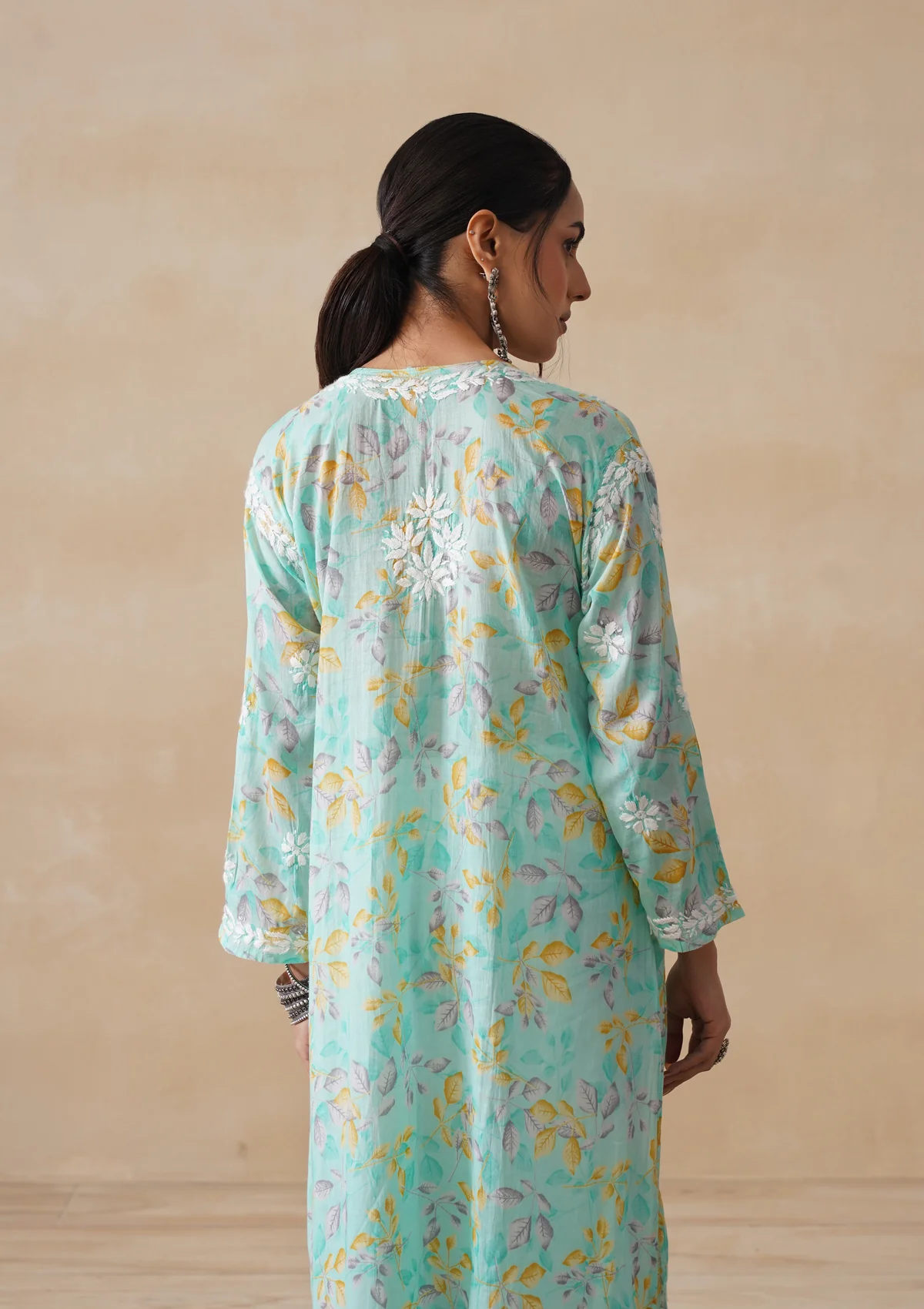 HOC Mulmul Chikankari Printed Women's Long Kurta - Sea Green - Image 9