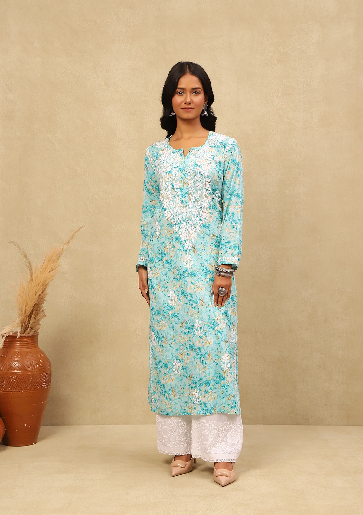 HOC Mulmul Chikankari Printed Women's Long Kurta -Sea Green