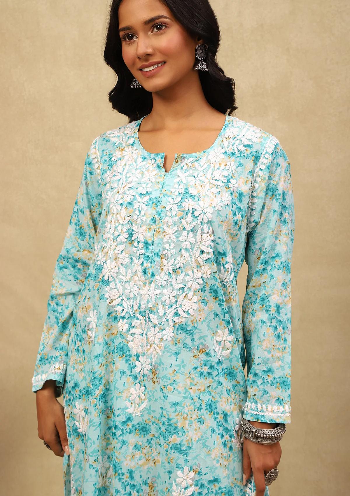 HOC Mulmul Chikankari Printed Women's Long Kurta -Sea Green - Image 2
