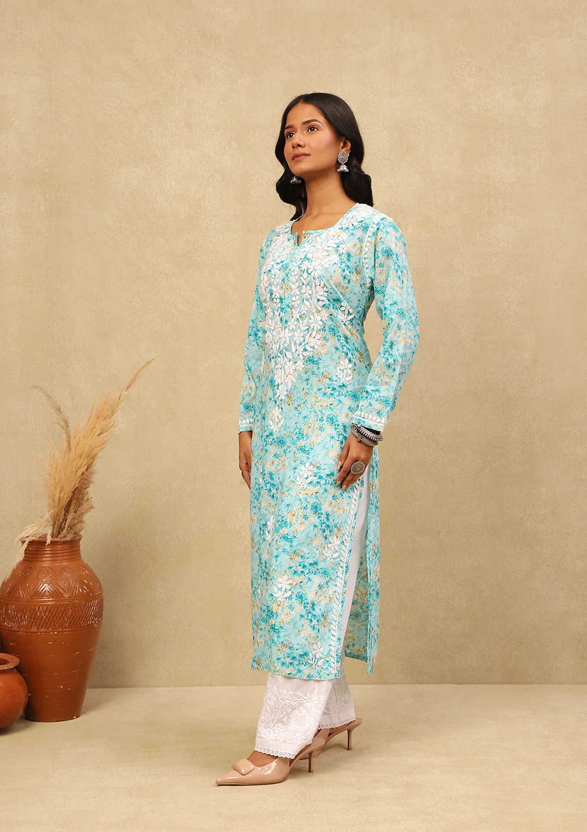 HOC Mulmul Chikankari Printed Women's Long Kurta -Sea Green - Image 3