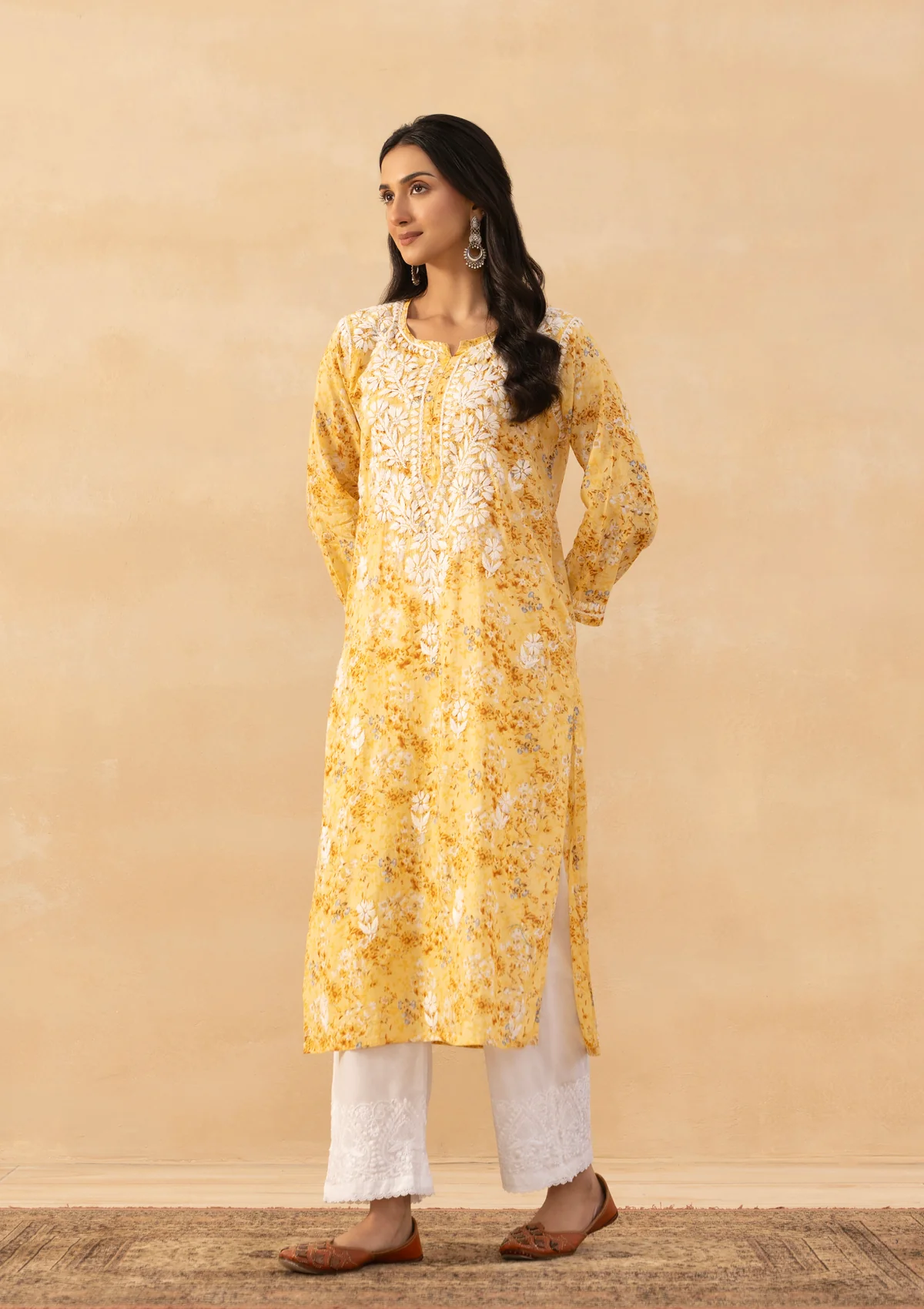 HOC Mulmul Chikankari Printed Women's Long Kurta - Yellow