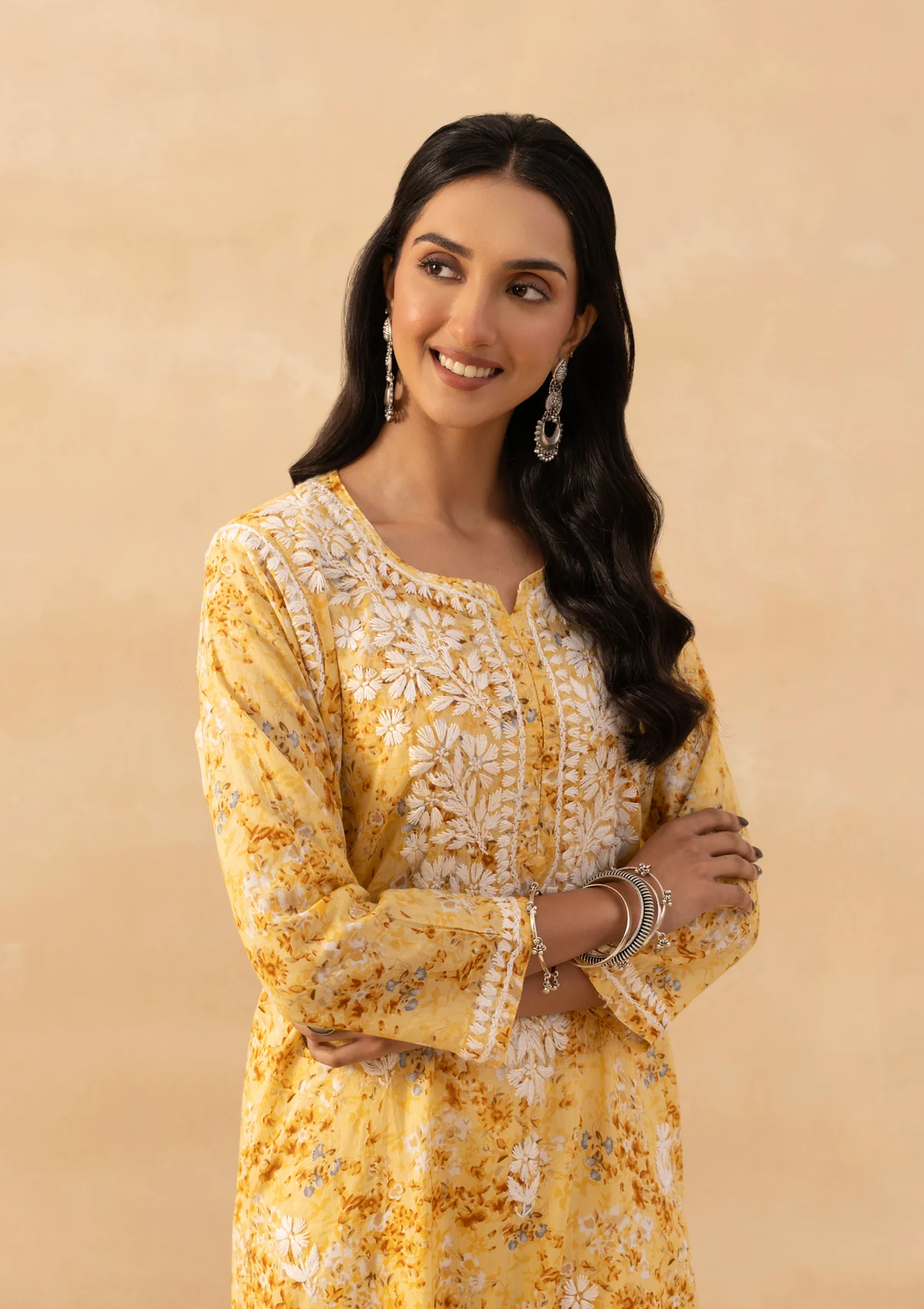 HOC Mulmul Chikankari Printed Women's Long Kurta - Yellow - Image 2