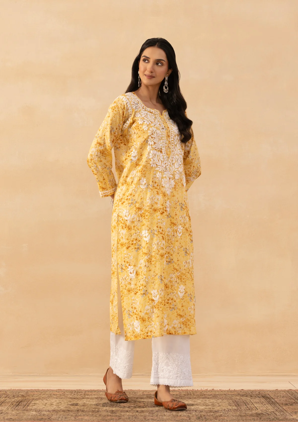 HOC Mulmul Chikankari Printed Women's Long Kurta - Yellow - Image 5