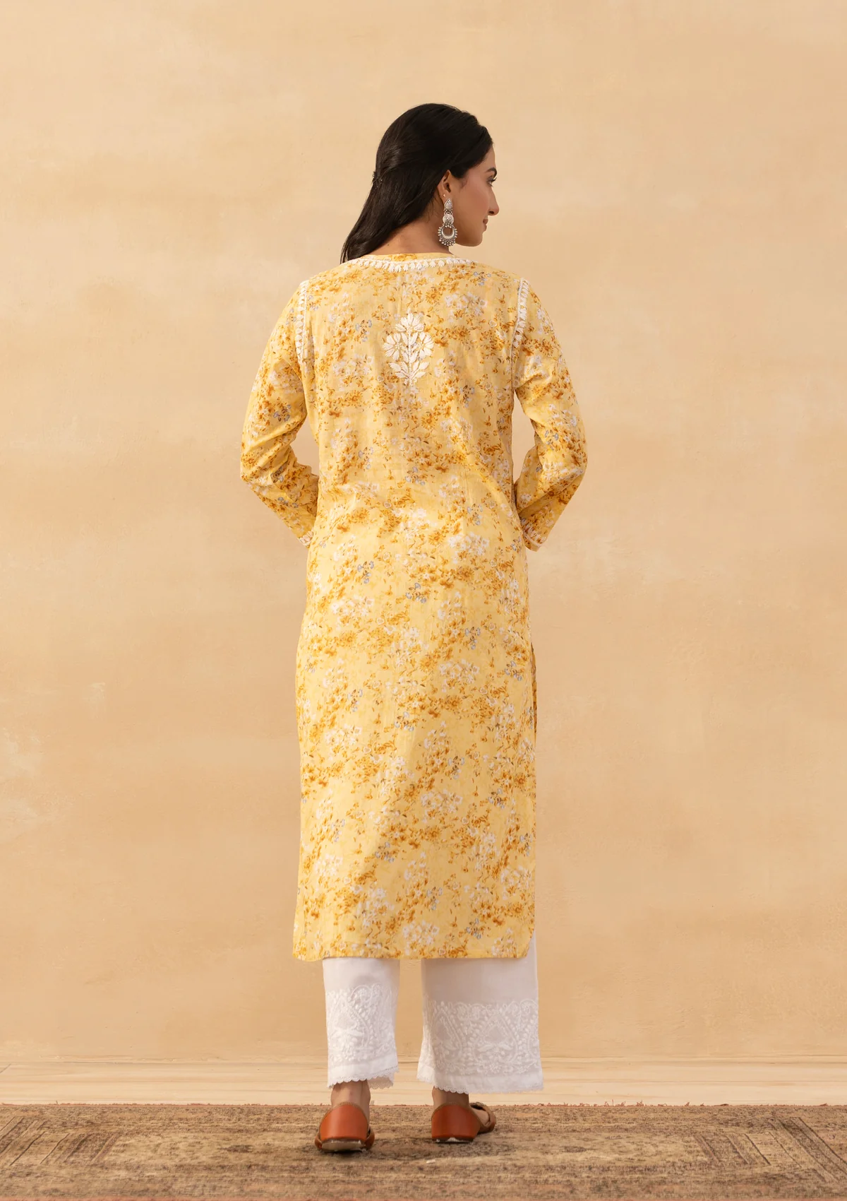 HOC Mulmul Chikankari Printed Women's Long Kurta - Yellow - Image 6