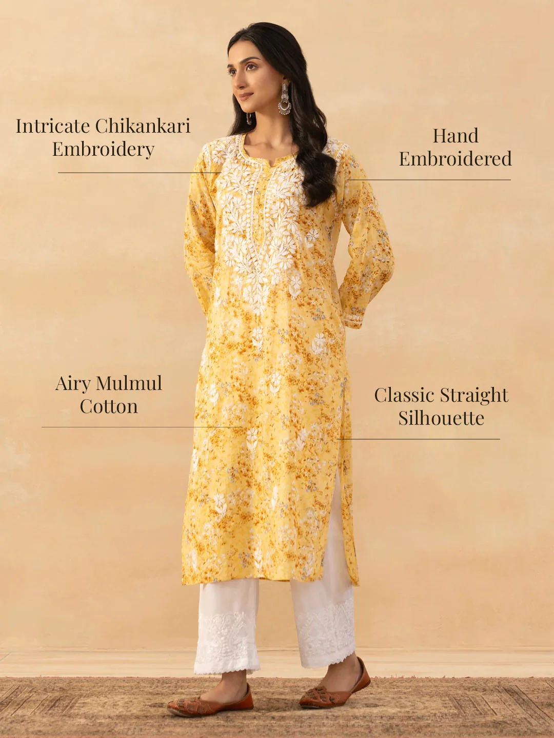 HOC Mulmul Chikankari Printed Women's Long Kurta - Yellow - Image 7
