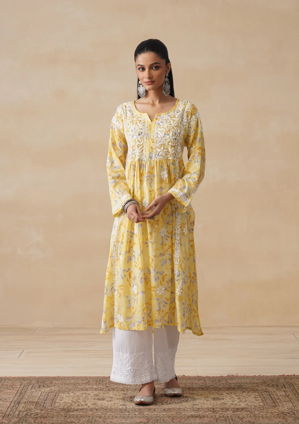 HOC Mulmul Chikankari Printed Women's Long Kurta - Yellow