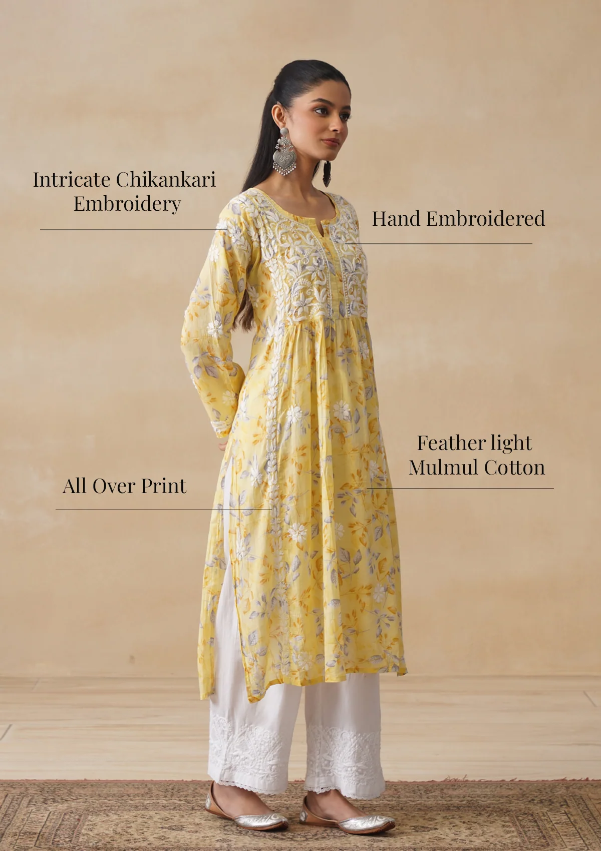 HOC Mulmul Chikankari Printed Women's Long Kurta - Yellow - Image 10